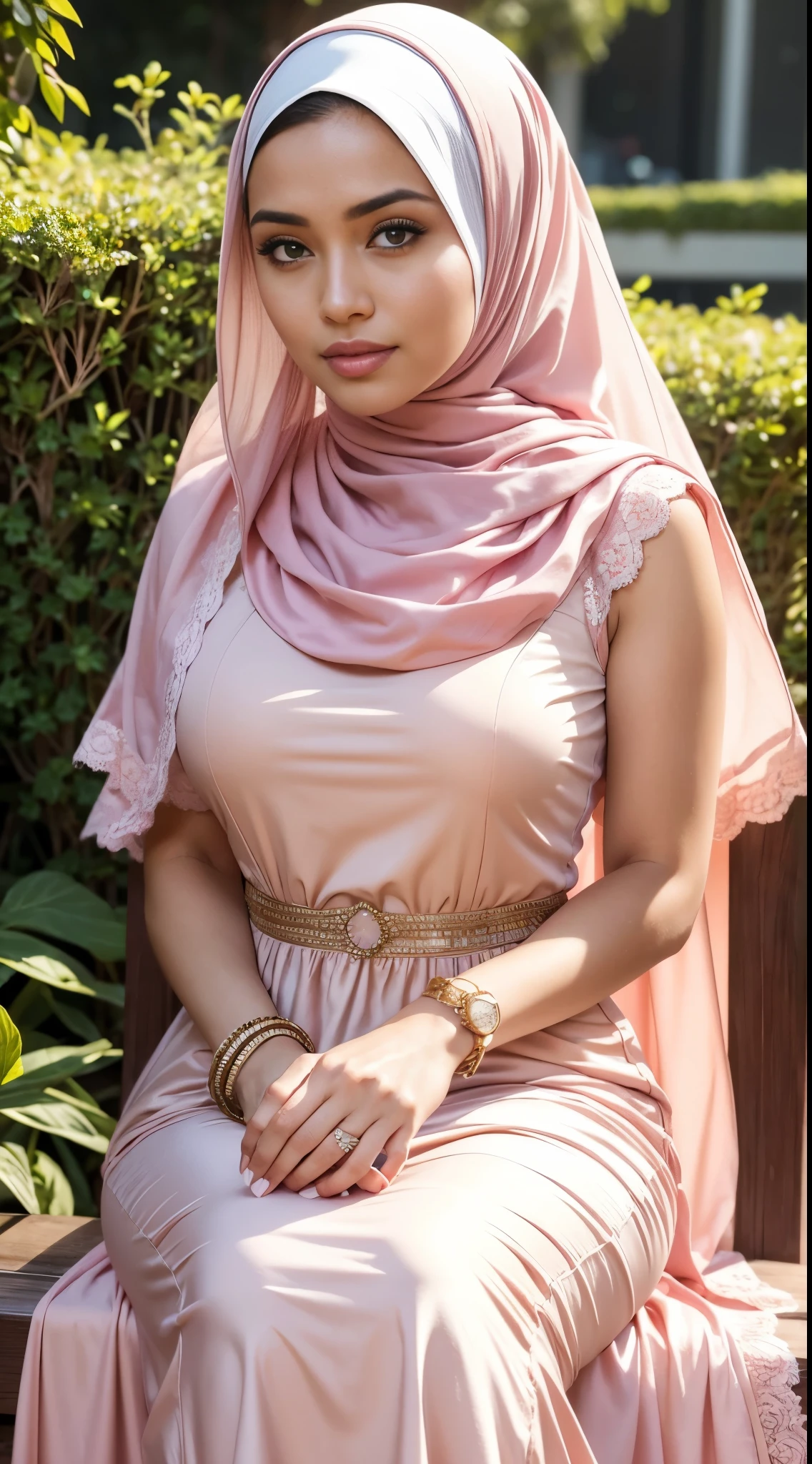 ( Close Up),RAW, Best quality, high resolution, masterpiece: 1.3), beautiful Malay woman in hijab,Masterpiece, perfect fit body, big breast,big gorgeous eyes, Soft smile,beutiful face,thick thighs, sitting, close up of a woman wearing a pink dress and a white head scarf, modest flowing gown, dress, yellow robes, sophisticated dress, long dress female, pink color, beautiful soft silky dress, hijab, elegant dress, yellow colors, pink clothes,light pink, soft silk dress, stylish dress, full covered dress, beautiful silky dress, yellow colours , (Delicate turtleneck) , shairband, afternoon walk, City garden, Excellent lighting, Bright colors, Clean lines,