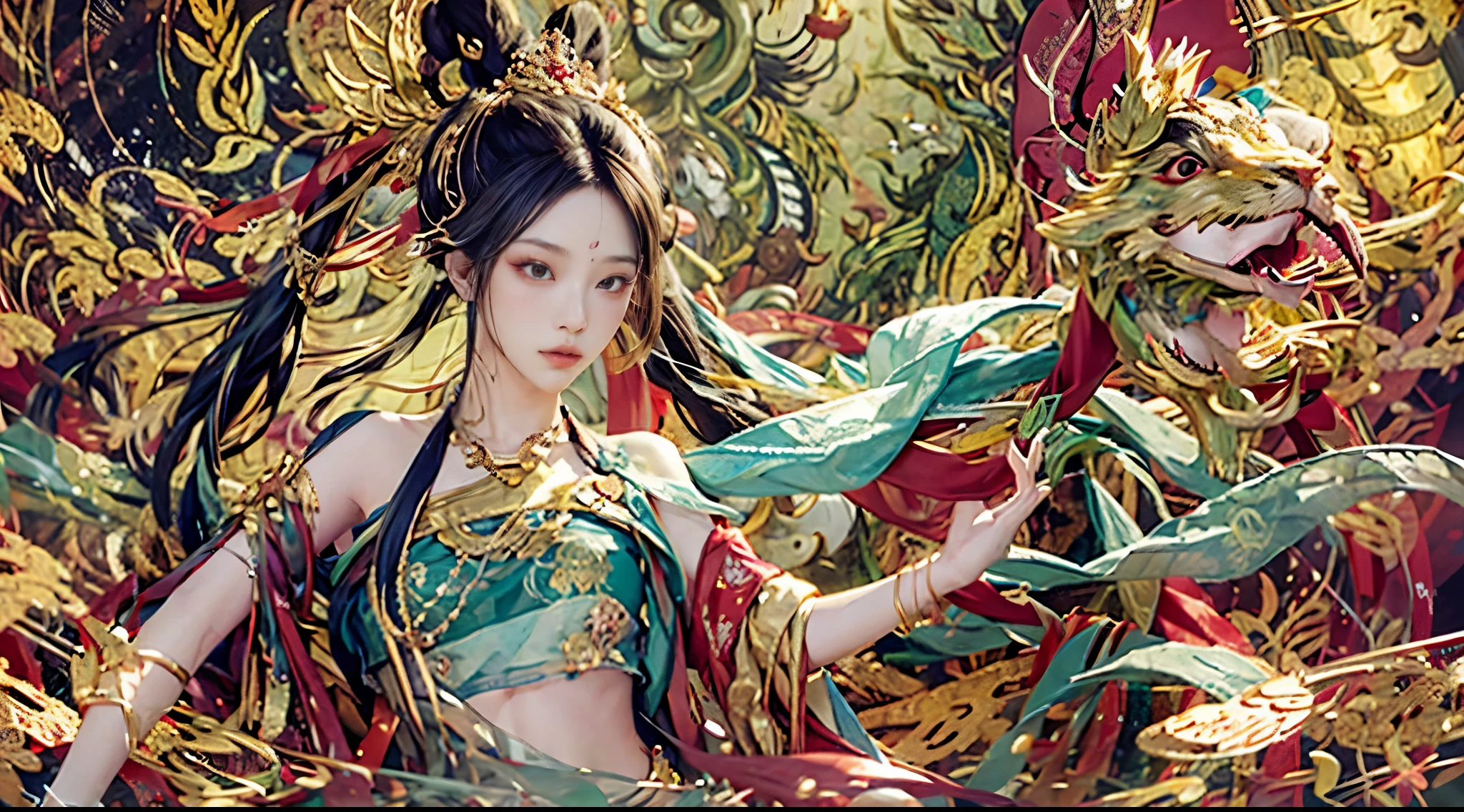 one-girl,There was a dragon behind him,Dunhuang style,Under water,Flying action,A red ribbon is wrapped around the body,hyper realisitc,hyper realisitc,paramountcy,classical,超k hd,retinas,tmasterpiece,ccurate,textureskin,anatomy correct,super detailing,high detal,high qulity,1080P,A high resolution,best qualtiy,Award-Awarded,16k,8k,4K,k hd, Colossal tits