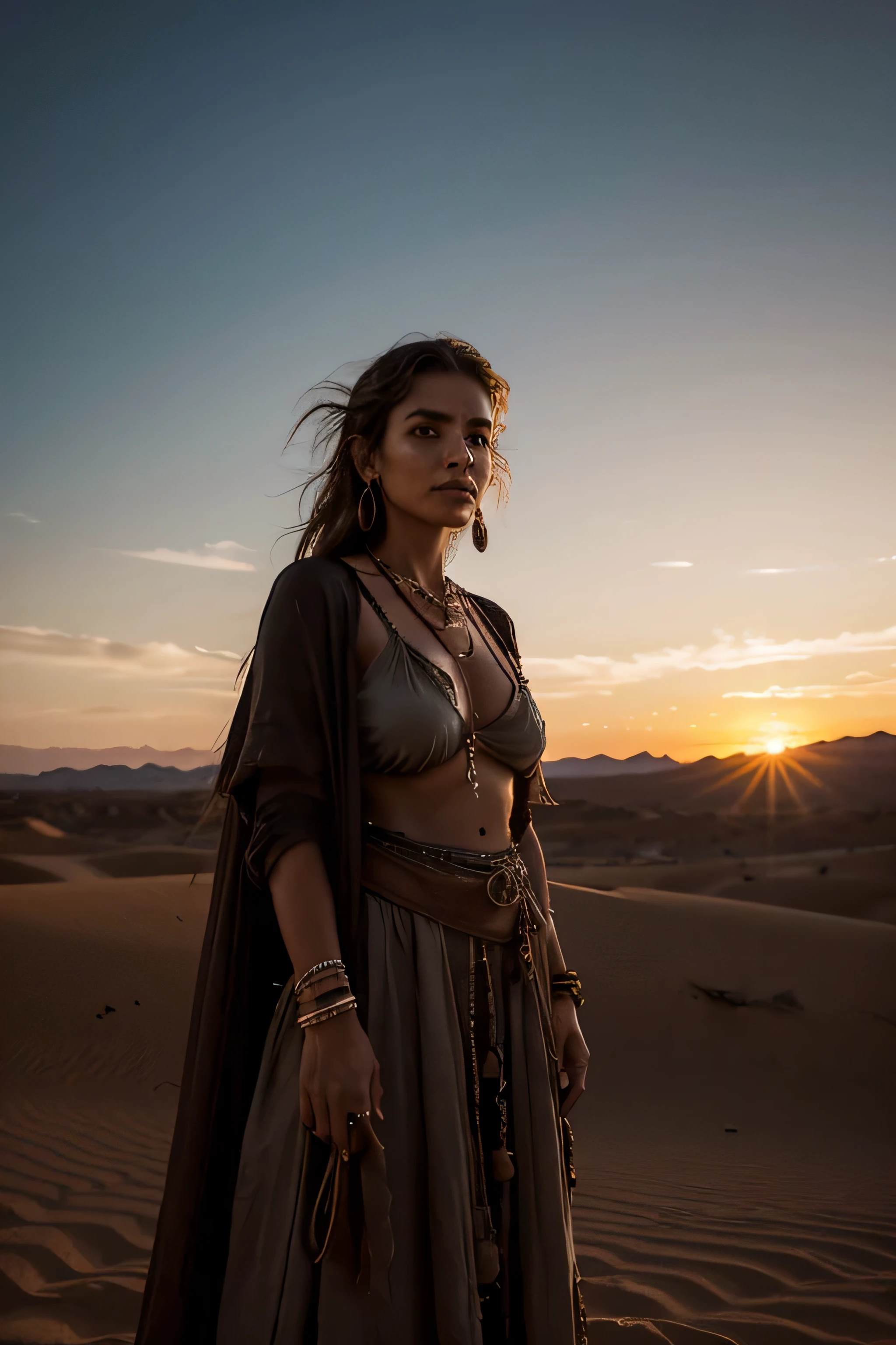 Transitioning to a desert landscape at sunset, A lone figure, a beautiful woman appears wearing nomadic clothes, Post-apocalyptic clothes. Camadas de tecido esfarrapado, unconventional accessories, and an aged appearance create an aura of survival and resilience.