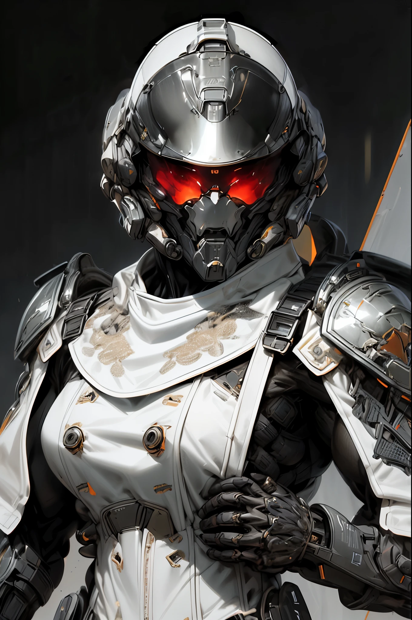 (((An epic and visually stunning digital anime masterpiece featuring a sylphlike masculine ((male:1.5)) decorated military dieselpunk cyborg soldier clad in a sleek yet tactical armored yet decorated leather military trench coat:1.2))), (((flat masculine male chest:1.5, mechanical full head helmet, mecha helmet with narrow orange eyes:1.5))), (((the character adorned in a (scifi tactical armored open front trench coat with a built in exoskeleton:1.5) (over a form fitted armor plated yet super sleek and revealing under suit with waist cut outs:1.3), the armor is beautifully engraved:1.4))), The image showcases the intricacies of the character’s armor and clothing:1.5, ((capturing their flamboyant essence and heavy mecha aesthetic:1.2)). The character also possesses an androgynous charm, (((with slim yet heavily muscled physique:1.2, sylphlike with a sleek waist, toned yet beautifully sleek cybernetic arms:1.3, mechanical arms and legs:1.3, mecha muscles:1.3))), looking at viewer, (((brass metal armor and brown leather, dieselpunk:1.3))), (((depth of field, cinematic lighting, chromatic aberration, ray tracing, UHD, masterpiece, top of head covered, super detail, high details, high quality, award winning, 8k, highres)))