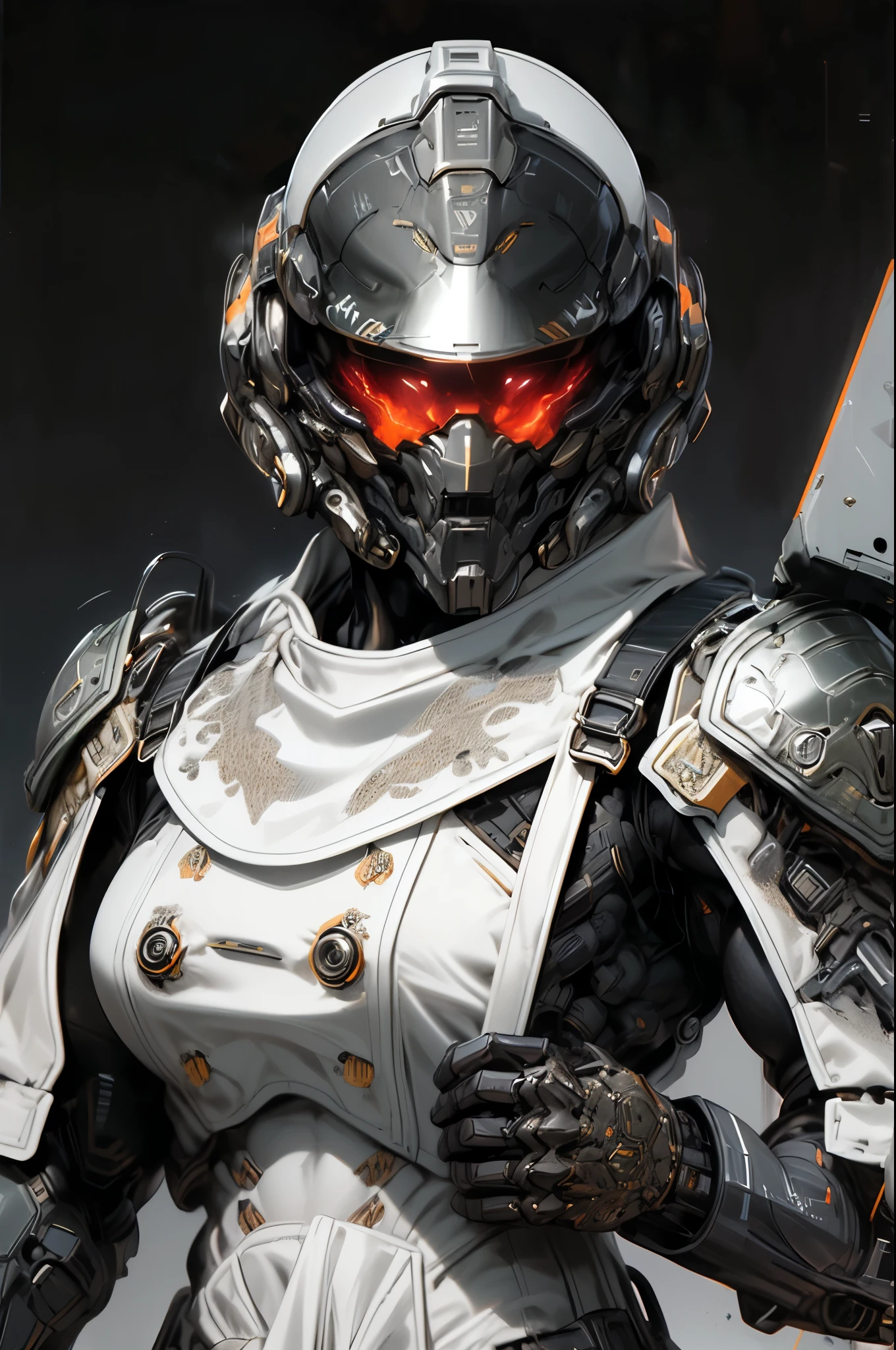 (((An epic and visually stunning digital anime masterpiece featuring a sylphlike masculine ((male:1.5)) decorated military dieselpunk cyborg soldier clad in a sleek yet tactical armored yet decorated leather military trench coat:1.2))), (((flat masculine male chest:1.5, mechanical full head helmet, mecha helmet with narrow orange eyes:1.5))), (((the character adorned in a (scifi tactical armored open front trench coat with a built in exoskeleton:1.5) (over a form fitted armor plated yet super sleek and revealing under suit with waist cut outs:1.3), the armor is beautifully engraved:1.4))), The image showcases the intricacies of the character’s armor and clothing:1.5, ((capturing their flamboyant essence and heavy mecha aesthetic:1.2)). The character also possesses an androgynous charm, (((with slim yet heavily muscled physique:1.2, sylphlike with a sleek waist, toned yet beautifully sleek cybernetic arms:1.3, mechanical arms and legs:1.3, mecha muscles:1.3))), looking at viewer, (((brass metal armor and brown leather, dieselpunk:1.3))), (((depth of field, cinematic lighting, chromatic aberration, ray tracing, UHD, masterpiece, top of head covered, super detail, high details, high quality, award winning, 8k, highres)))