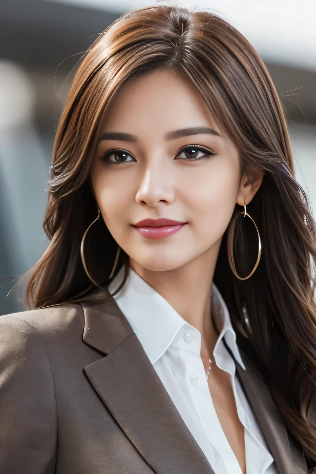 Step Piece, Best Quality, Photorealistic, Ultra-detailed, finely detail, High resolution, 8K Wallpaper, 1 beautiful woman,, light brown messy hair, in a business suit, foco nítido, Perfect dynamic composition, Beautiful detailed eyes, detailed hairs, Detailed realistic skin texture, Smiling, Close-up portrait, Model body type