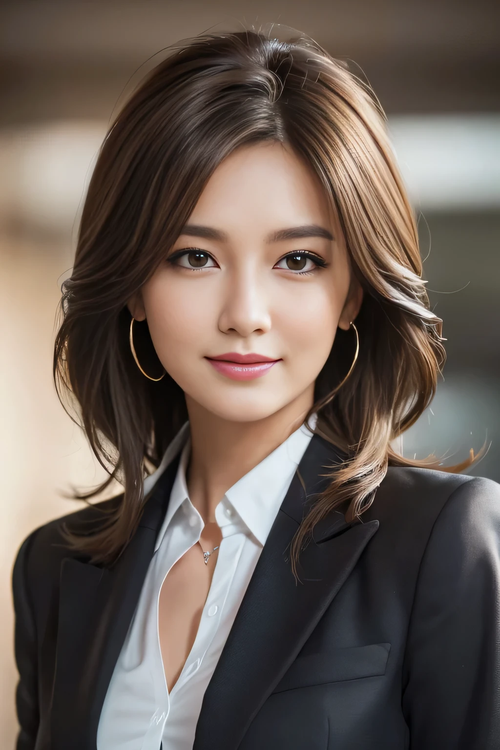 Step Piece, Best Quality, Photorealistic, Ultra-detailed, finely detail, High resolution, 8K Wallpaper, 1 beautiful woman,, light brown messy hair, in a business suit, foco nítido, Perfect dynamic composition, Beautiful detailed eyes, detailed hairs, Detailed realistic skin texture, Smiling, Close-up portrait, Model body type