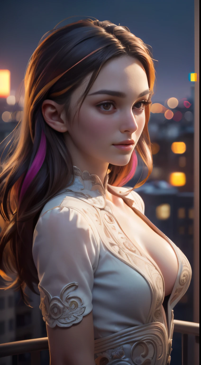 photo of movie star, RAW, beautiful woman, ((portrait)), ((detailed face:1.2)), ((detailed facial feature, detailed skin, clear skin), (perfect proportioned body, medium breasts), arched back (wearing a colorful dress) (high detailed city environment, apartment balcony), (realistic photo, best quality, detailed), (8k wallpaper), (cinematic lighting, dramatic lighting) (sharp focus, intricate)