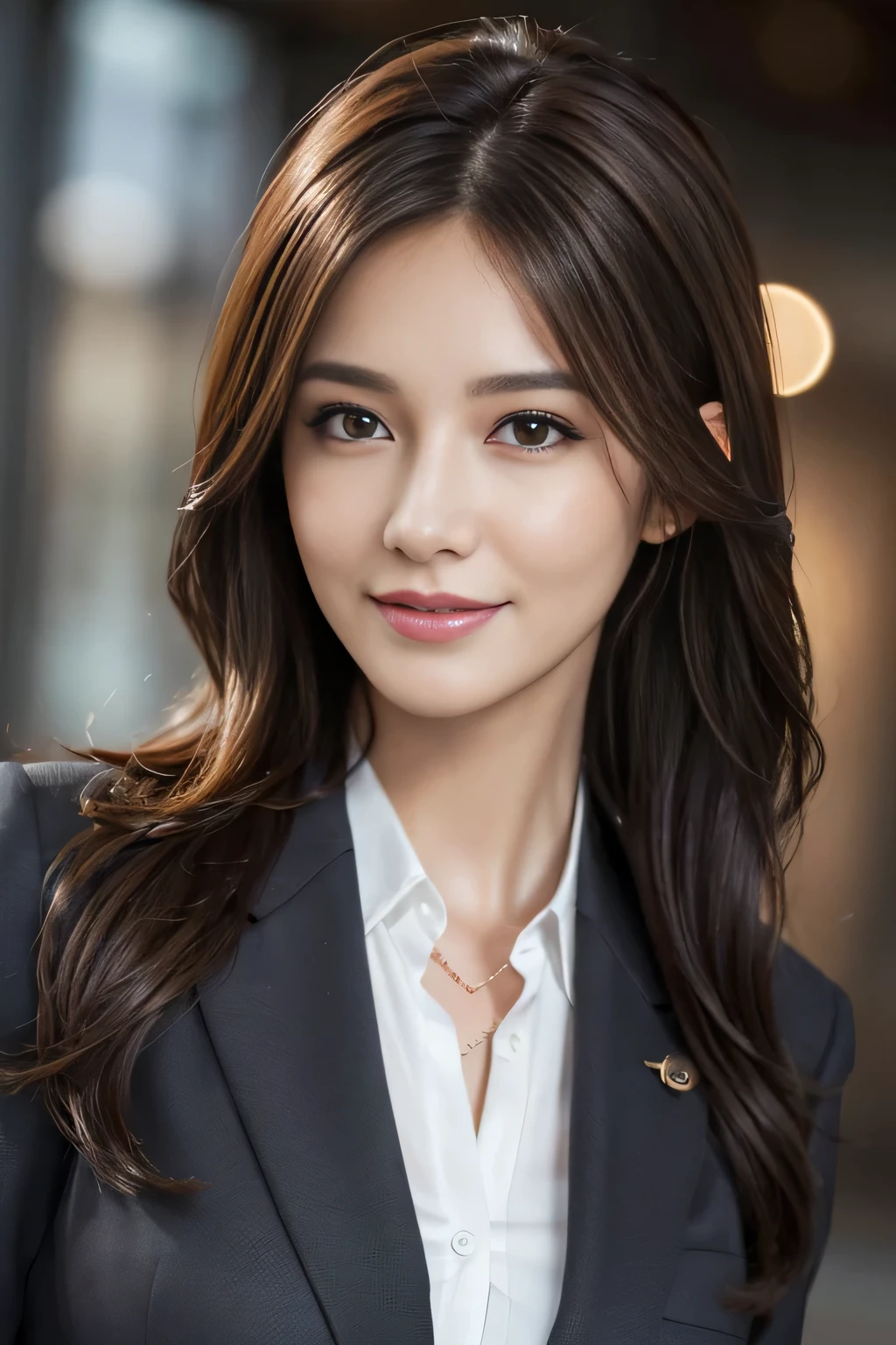 Step Piece, Best Quality, Photorealistic, Ultra-detailed, finely detail, High resolution, 8K Wallpaper, 1 beautiful woman,, light brown messy hair, in a business suit, foco nítido, Perfect dynamic composition, Beautiful detailed eyes, detailed hairs, Detailed realistic skin texture, Smiling, Close-up portrait, Model body type