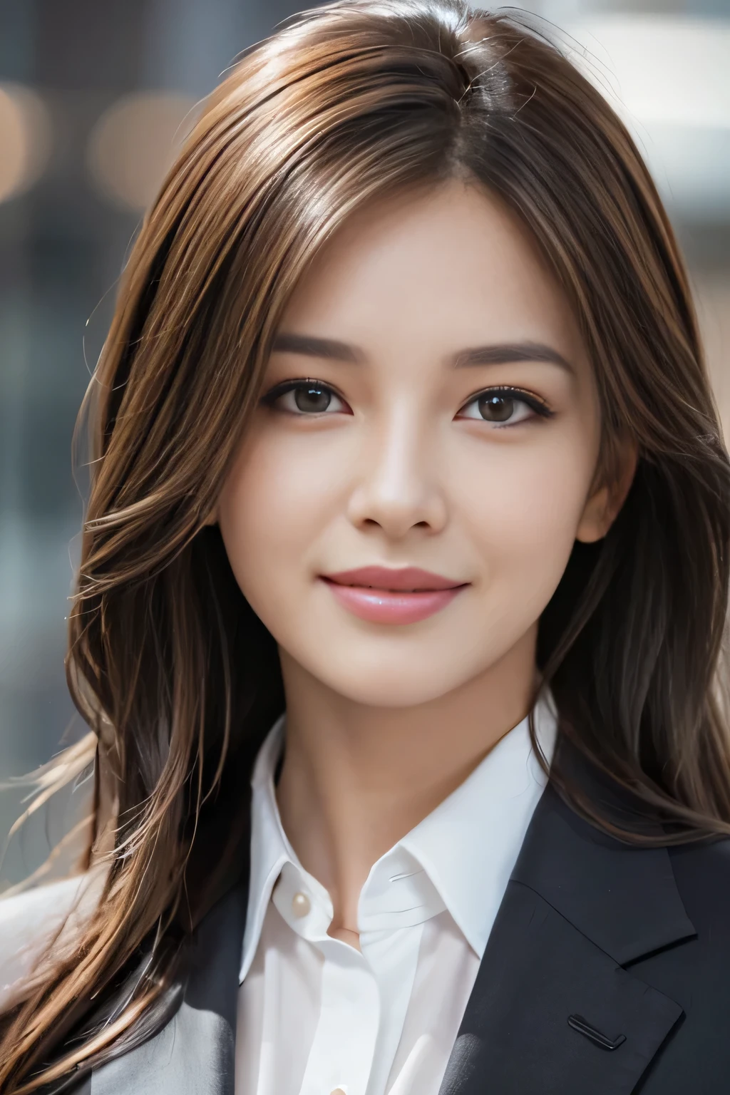 Step Piece, Best Quality, Photorealistic, Ultra-detailed, finely detail, High resolution, 8K Wallpaper, 1 beautiful woman,, light brown messy hair, in a business suit, foco nítido, Perfect dynamic composition, Beautiful detailed eyes, detailed hairs, Detailed realistic skin texture, Smiling, Close-up portrait, Model body type