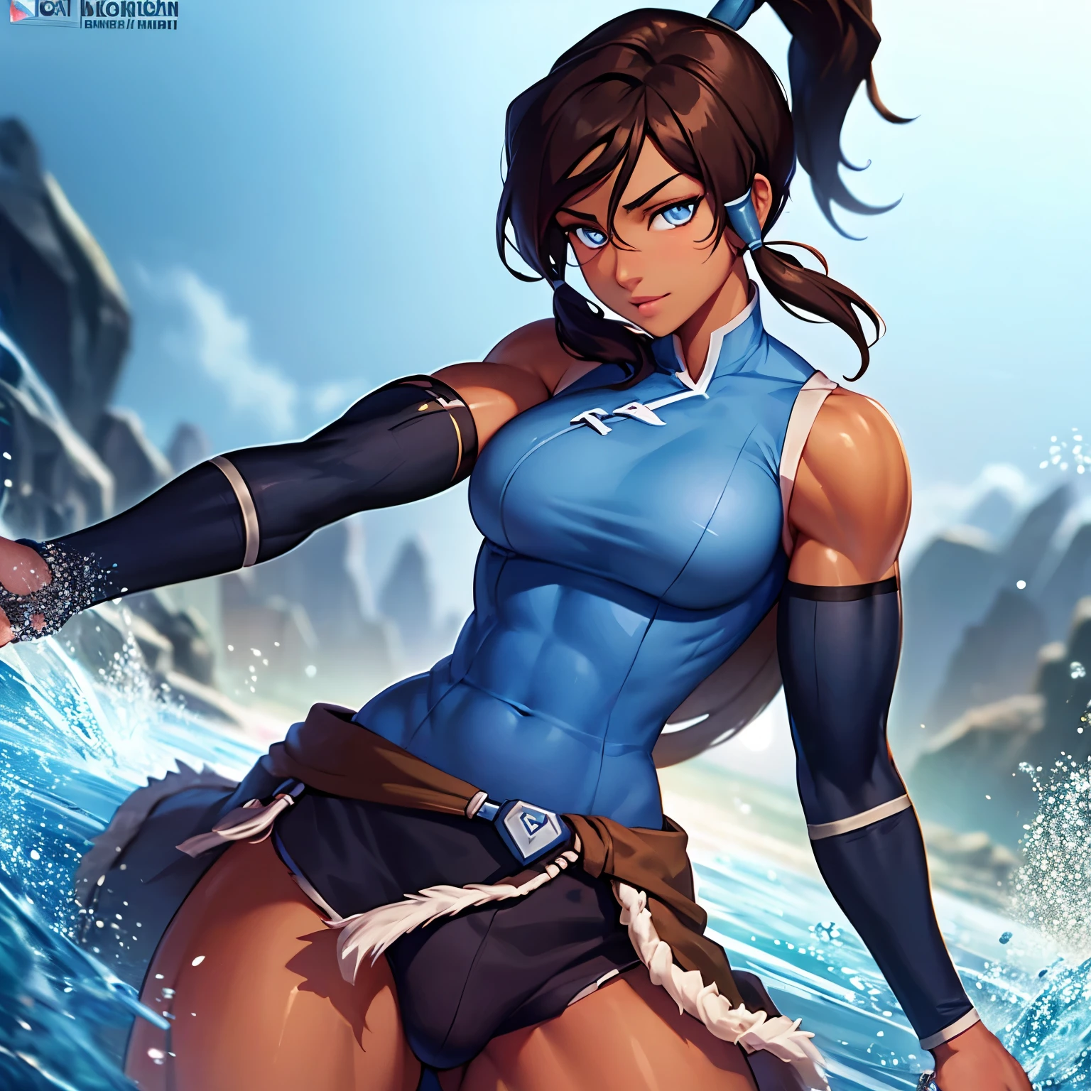 korra, dark skin, dark-skinned female, ponytail, muscular female, nsfw, high quality, detailed, high resolution,