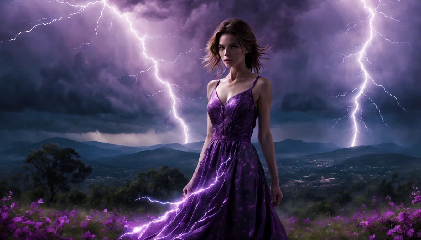 1 girl "Michelle Monaghan com vestido Vinho Longo",（Jogo King Card:1.5, simetria rotacional),Stephen Gammell,(cowboy shot), Minimalist compositions, requintada armadura de cristal，Fio Eletroluminescente, magic sparks, enchanted magical fantasy. Peach Blossom Land, heaven, Jogo CG, Hand Painted Style, 8k, Ultra HD | |, arte digital conceitual, Azure azul e cinza,(Very detailed, A huge amount of purple lightning shot out from the girl&#39;the hand and hit the city, lightning clouds, Atmospheric lightning, Pink Lightning, with thunderstorms, Tempestade escura with lightning bolts, Dramatic purple lightning, raios no heaven, contrast lightning, trovoada no heaven, lightning in the background, with lightning bolts, Reasonable design, linhas claras, Alta nitidez, melhor qualidade, master part, 4k ).