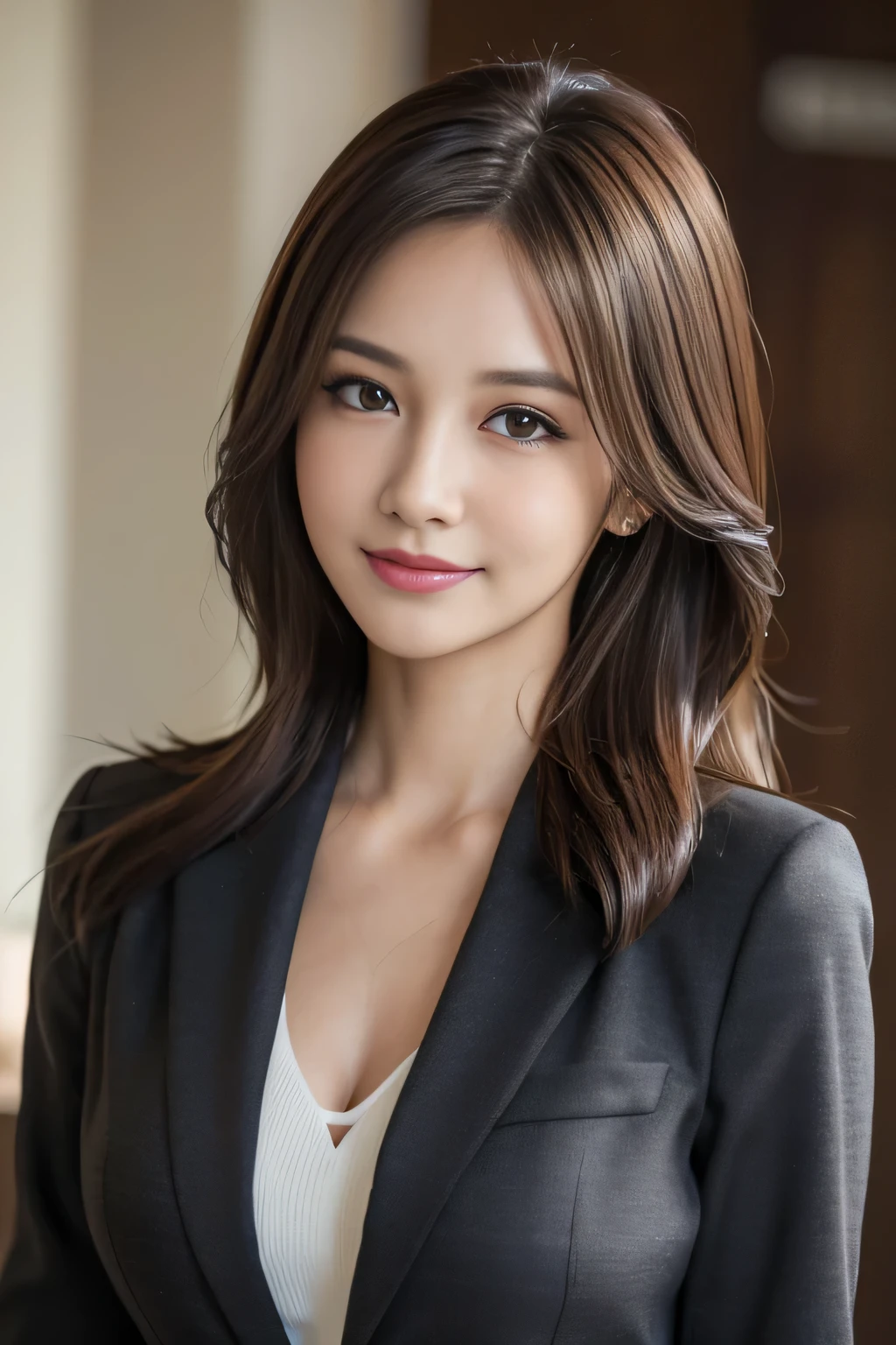 masutepiece, Best Quality, Photorealistic, Ultra-detailed, finely detail, High resolution, 8K Wallpaper, 1 beautiful woman,, light brown messy hair, in a business suit, foco nítido, Perfect dynamic composition, Beautiful detailed eyes, detailed hairs, Detailed realistic skin texture, Smiling, Close-up portrait, Model body type