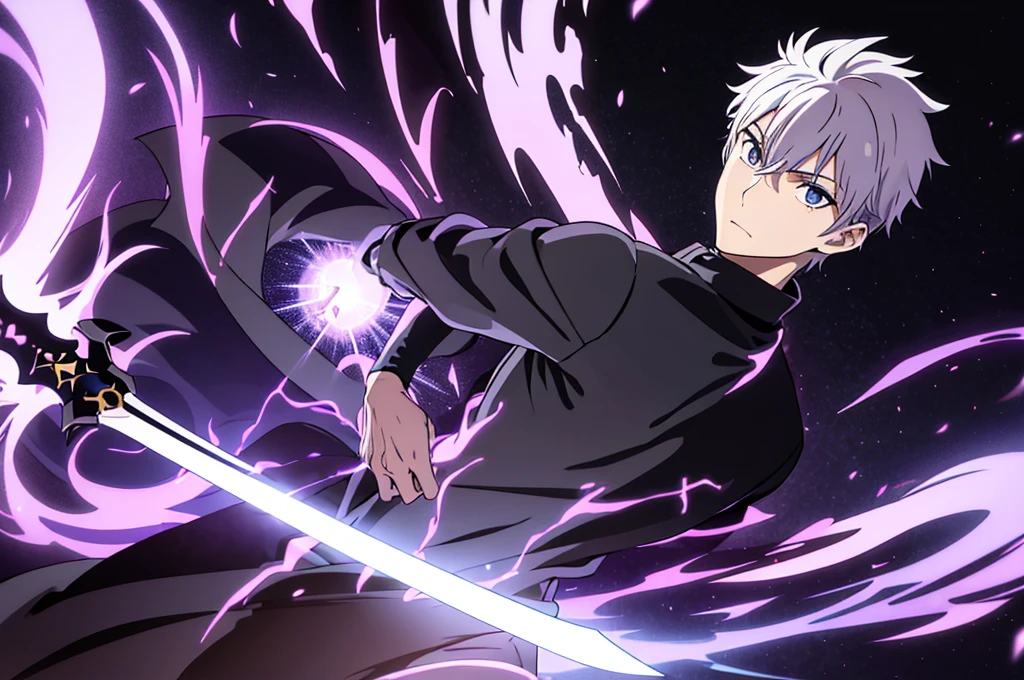 No estilo de anime. Um menino de olhos e cabelos pretos, vestindo uma roupa toda preta com detalhes roxos, he emanates a purple aura and also wields a black sword.