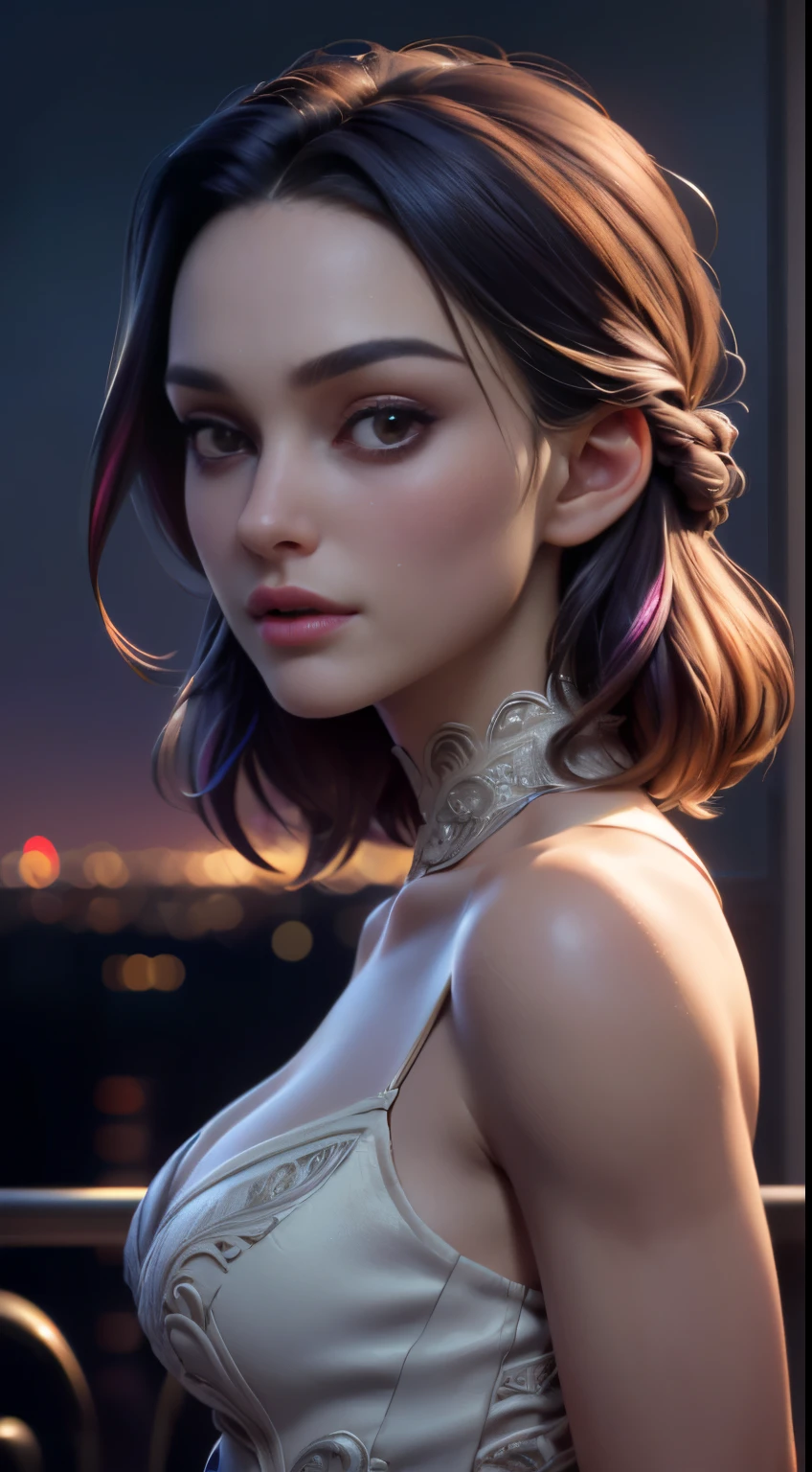 photo of movie star, RAW, beautiful woman, ((portrait)), ((detailed face:1.2)), colorful rainbow hair, ((detailed facial feature, detailed skin, clear skin), (perfect proportioned body, medium breasts), arched back (wearing an elaborate dress) (high detailed city environment, apartment balcony), (realistic photo, best quality, detailed), (8k wallpaper), (cinematic lighting, dramatic lighting) (sharp focus, intricate)