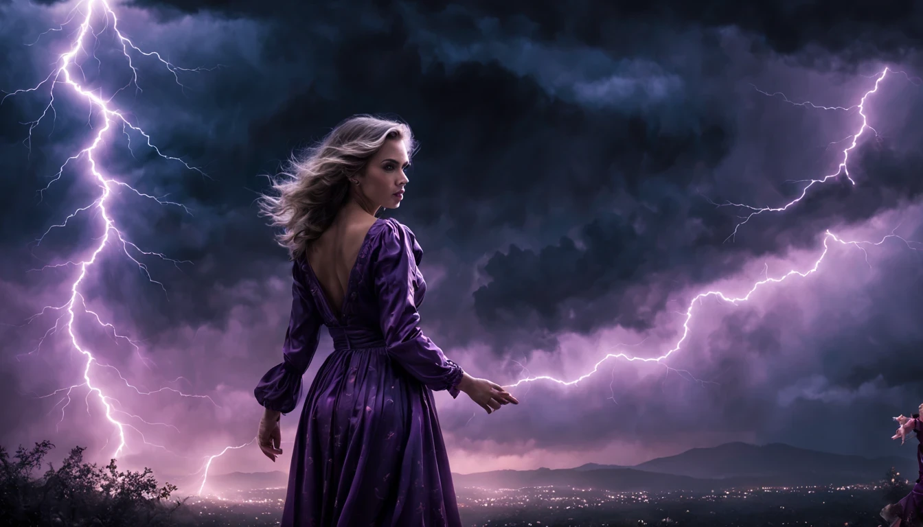 1 girl "Kathleen Turner com vestido Vinho longo",（Jogo King Card:1.5, simetria rotacional),Stephen Gammell,(cowboy shot), Minimalist compositions, requintada armadura de cristal，Fio Eletroluminescente, magic sparks, enchanted magical fantasy. Peach Blossom Land, heaven, Jogo CG, Hand Painted Style, 8k, Ultra HD | |, arte digital conceitual, Azure azul e cinza,(Very detailed, A huge amount of purple lightning shot out from the girl&#39;the hand and hit the city, lightning clouds, Atmospheric lightning, Pink Lightning, with thunderstorms, Tempestade escura with lightning bolts, Dramatic purple lightning, raios no heaven, contrast lightning, trovoada no heaven, lightning in the background, with lightning bolts, Reasonable design, linhas claras, Alta nitidez, melhor qualidade, master part, 4k ).