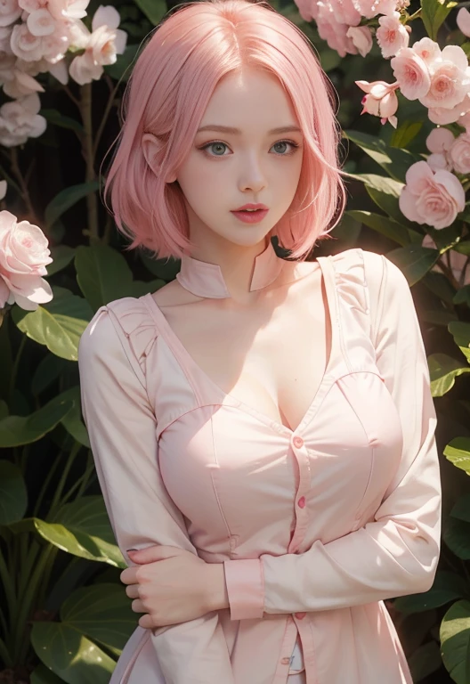 young woman, pale skin, short bubblegum pink hair, wide forehead, emerald green eyes, buttoned nose, peach lips, heart-shaped face, slender, red clothes, Sakura Haruno, 3d, realism, angelic face, maya in net