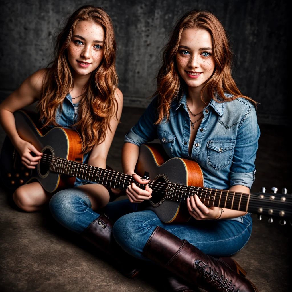 Beautiful woman,ginger hair,freckles,smile,dark gray eyes,dark makeup,long leather boots,play on a six string guitar,hyperdetailed photography,cover,realistic face skin,(best quality:1.2),ultra-detailed,photorealistic,HDR,UHD,studio lighting,vivid colors,portraits,sharp focus