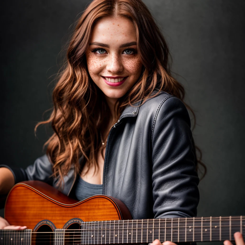 Beautiful woman,ginger hair,freckles,smile,dark gray eyes,dark makeup,long leather boots,play on a six string guitar,hyperdetailed photography,cover,realistic face skin,(best quality:1.2),ultra-detailed,photorealistic,HDR,UHD,studio lighting,vivid colors,portraits,sharp focus