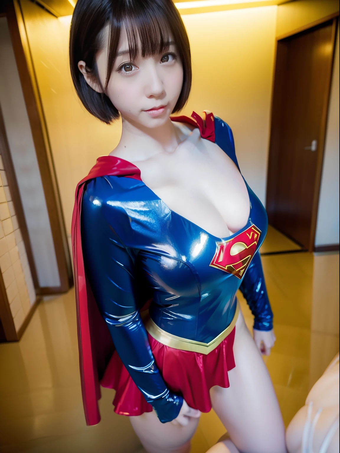 masterpiece,Supergirl Costume, short-hair, bare-legged, large full breasts,surgery room、Operating table、straddle、depraved、shiny、Looking at the camera、seduces、short red miniskirt、Show a glimpse、long-sleeve、Fluttering cloak、Glossy enamel