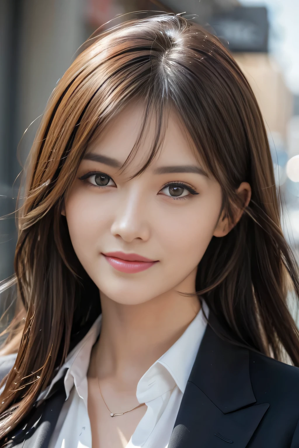 masutepiece, Best Quality, Photorealistic, Ultra-detailed, finely detail, High resolution, 8K Wallpaper, 1 beautiful woman,, light brown messy hair, in a business suit, foco nítido, Perfect dynamic composition, Beautiful detailed eyes, detailed hairs, Detailed realistic skin texture, Smiling, Close-up portrait, Model body type
