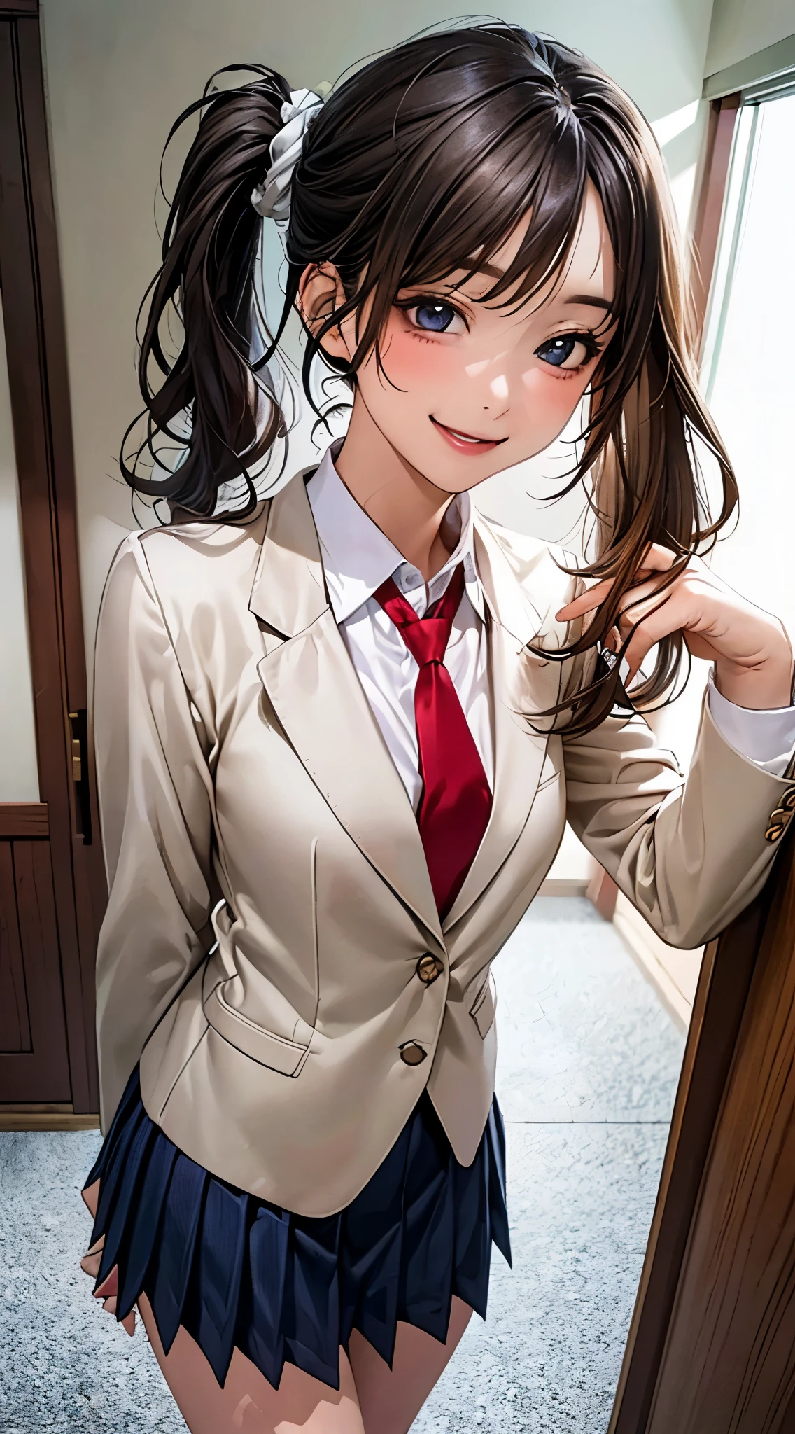 (masterpiece:1.2, top-quality), (realistic, photorealistic:1.4), beautiful illustration, NSFW,
looking at viewer, cowboy shot, front view:0.8,
1 girl, japanese, high school girl, black hair, (middle hair:1.4, side ponytail:1.5), bangs, hair between eye, blue eyes, large breasts:1.0, (thick thighs),
beautiful hair, beautiful face, beautiful detailed eyes, beautiful clavicle, beautiful body, beautiful chest, beautiful thigh, beautiful legs, beautiful fingers,
(beautiful scenery), evening, JJROOM, scenery, bright and refreshing,
((navy blazer, navy pleated miniskirt, socks, private school uniform:1.2, red necktie)), white panties,
adorable smiling, open mouth, (idle),
(erotic,sexy, upper eyes, smiling smile: 1.2), shiny skin,
perfect face, cute and symmetrical face, natural side lighting, movie lighting),