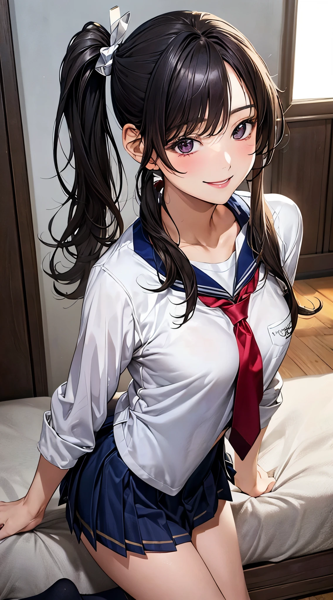 (masterpiece:1.2, top-quality), (realistic, photorealistic:1.4), beautiful illustration, NSFW,
looking at viewer, cowboy shot, front view:0.8,
1 girl, japanese, high school girl, black hair, (middle hair:1.4, side ponytail:1.5), bangs, hair between eye, blue eyes, large breasts:1.0, (thick thighs),
beautiful hair, beautiful face, beautiful detailed eyes, beautiful clavicle, beautiful body, beautiful chest, beautiful thigh, beautiful legs, beautiful fingers,
(beautiful scenery), evening, JJROOM, scenery, bright and refreshing,
((navy blazer, navy pleated miniskirt, socks, private school uniform:1.2, red necktie)), white panties,
adorable smiling, open mouth, (idle),
(erotic,sexy, upper eyes, smiling smile: 1.2), shiny skin,
perfect face, cute and symmetrical face, natural side lighting, movie lighting),