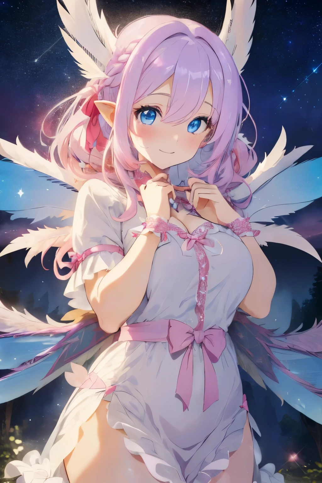 (shiny pale pink hair),(Fluffy braided hair with curls:1.2),(Light blue eyes),(With bangs),Slight red tide,(bow ribbon:1.4),(Enveloping the body:1.45),(my body is a gift:1.0),(flowing lace dress:1.3),(Holy Night),(Your eyes are shining like stars:1.5),(A forest full of colorful and beautiful light:1.3),(Fluffy fluffy accessories),(lots of beautiful decorations:1.3),(Eye size:1.7),(Exposure:1.45),(discret smile),(Harpy:1.5),
