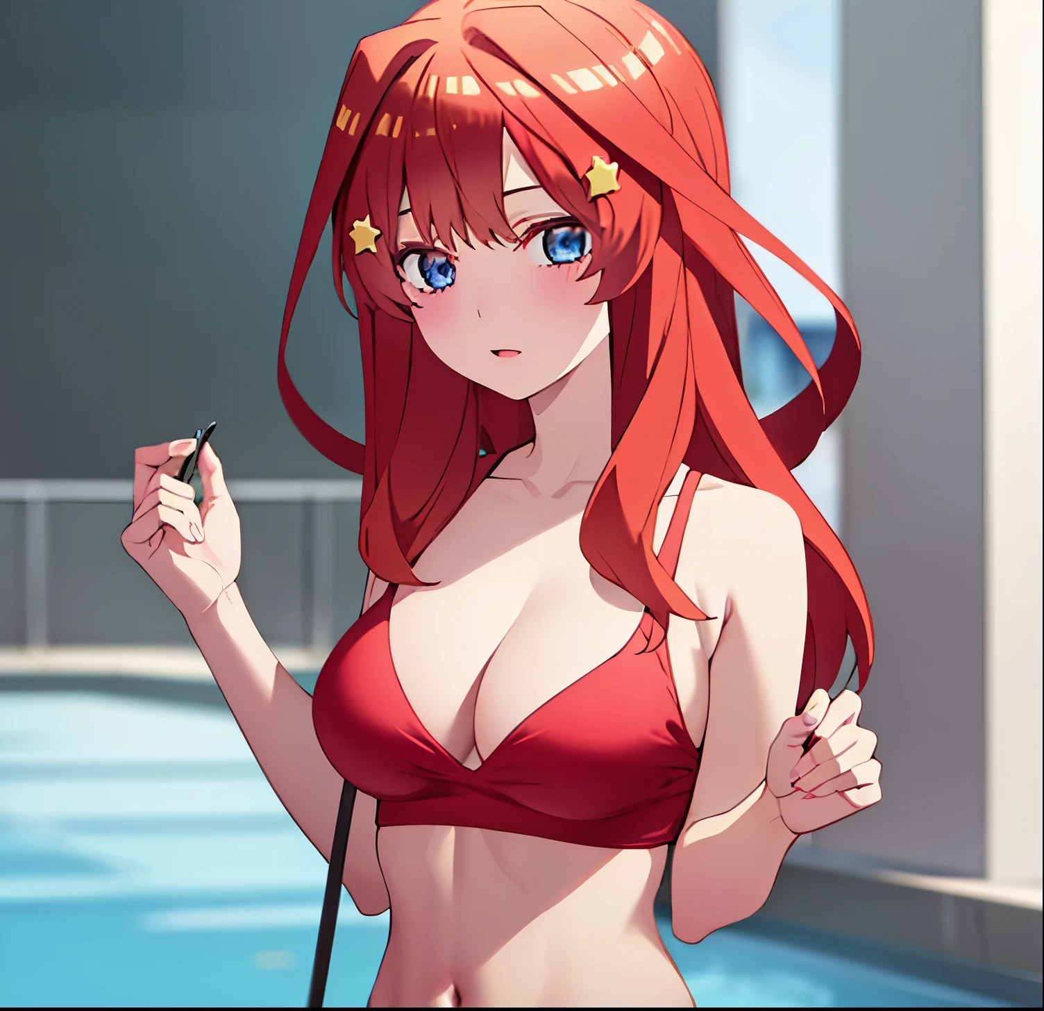 , 1girl, alone
itsuki nakano, ponytail, bangs, blue eyes, hair between eyes, ahoge, red hair, star \(symbol\), hair ornament, star hair ornament,
BREAK navel, collarbone, swimsuit, bikini, side-tie bikini bottom, halterneck, red bikini,
BREAK indoors, pool, swimming pool,
BREAK looking at viewer, (cowboy shot:1.5),
BREAK (masterpiece:1.2), best quality, high resolution, unity 8k wallpaper, (illustration:0.8), (beautiful detailed eyes:1.6), extremely detailed face, perfect lighting, extremely detailed CG, (perfect hands, perfect anatomy),