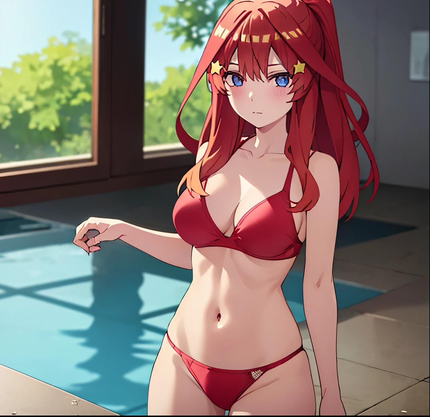 , 1girl, alone
itsuki nakano, ponytail, bangs, blue eyes, hair between eyes, ahoge, red hair, star \(symbol\), hair ornament, star hair ornament,
BREAK navel, collarbone, swimsuit, bikini, side-tie bikini bottom, halterneck, red bikini,
BREAK indoors, pool, swimming pool,
BREAK looking at viewer, (cowboy shot:1.5),
BREAK (masterpiece:1.2), best quality, high resolution, unity 8k wallpaper, (illustration:0.8), (beautiful detailed eyes:1.6), extremely detailed face, perfect lighting, extremely detailed CG, (perfect hands, perfect anatomy),