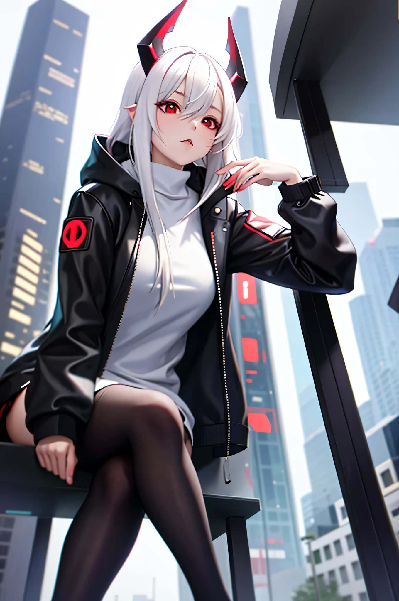 1 girl,, sitting on a bench in a city setting,  white hair, oversized black hoodie, cyber daemon, loli, cyberpunk, ((cyber horns)), red eyes, white background: 1.3)