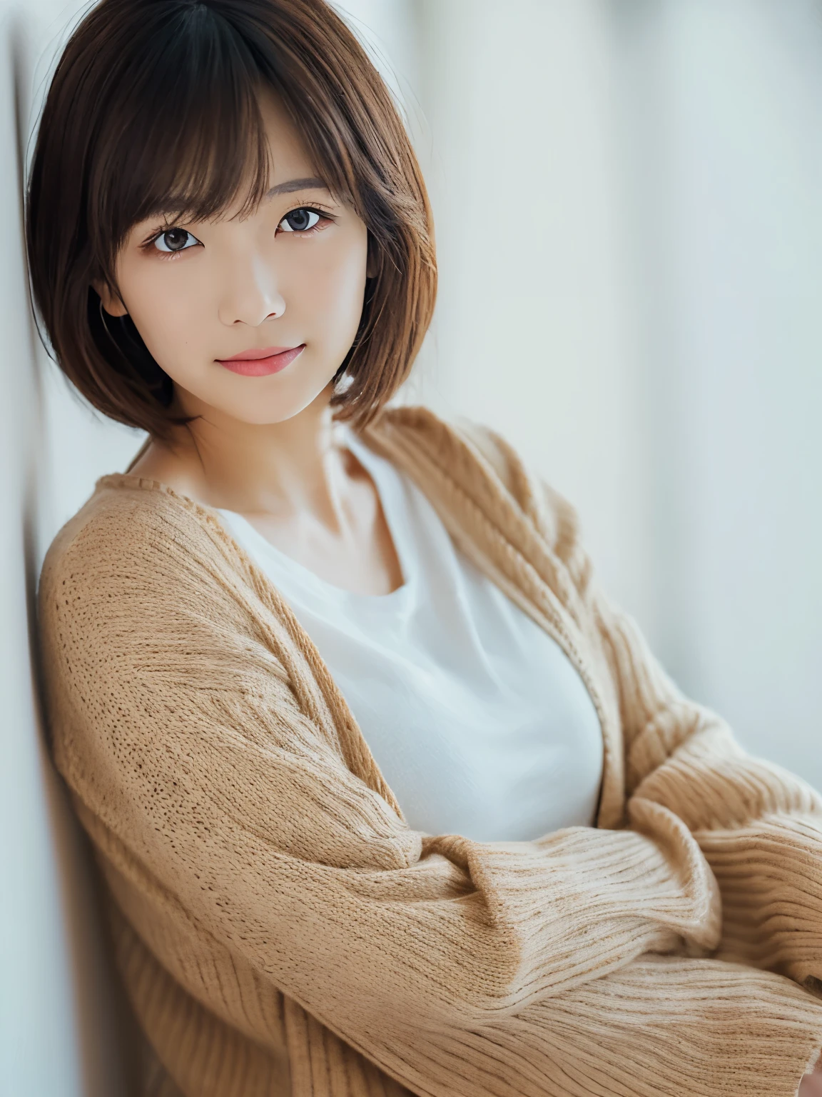 ((masutepiece,top-quality)), (photographrealistic:1.4),((masutepiece,8K)),hight resolution,Studio Soft Light, Rim Lights, vibrant detail, realistic skin textures,Japanese, 1 beautiful woman, Short hair, Wave hair, faint thin bangs, make - up, 38 years, Detailed skin, cardigan, wide-leg pants, White background, White Room,white walls, fully body photo, Looking at Viewer