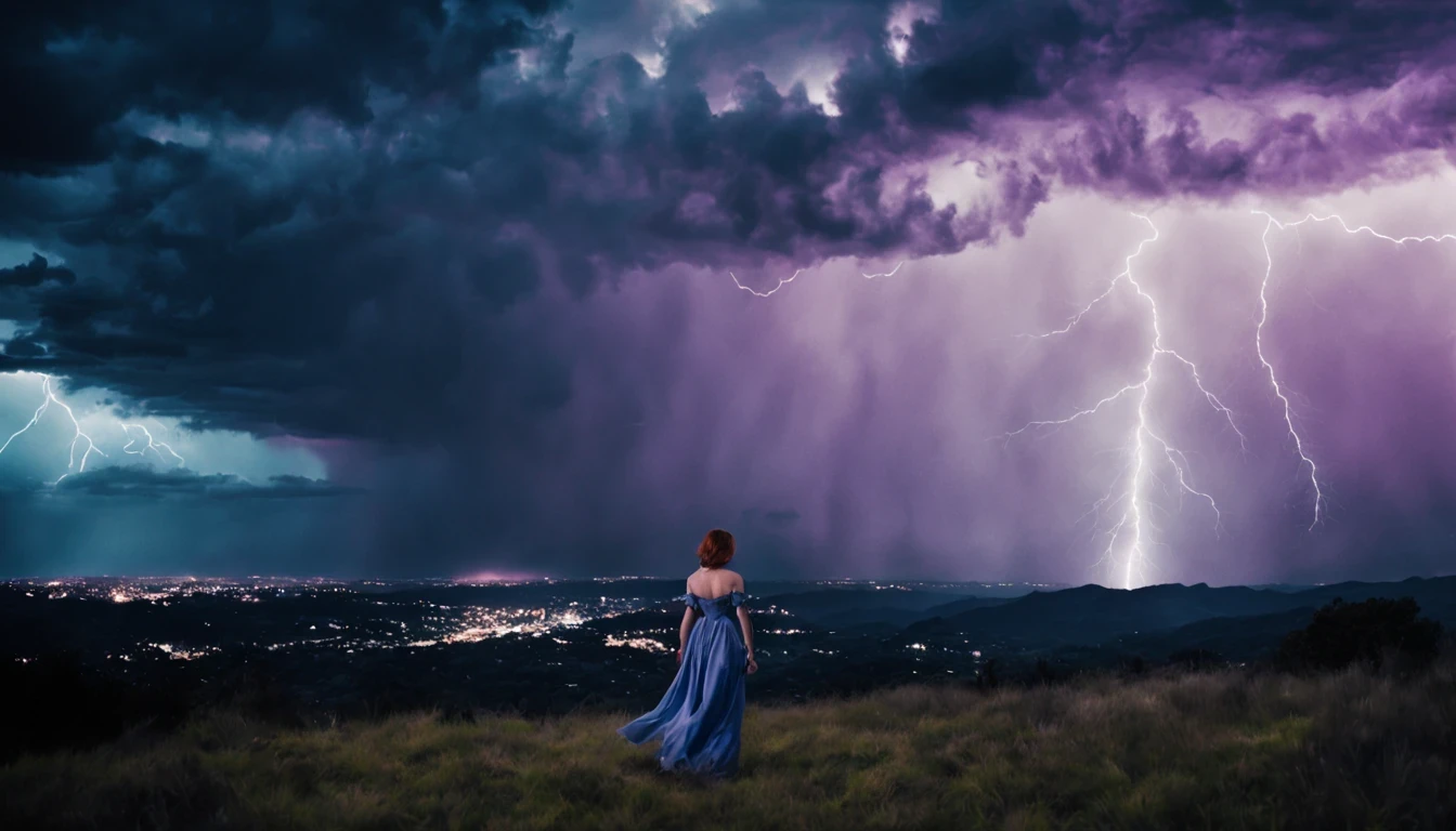 1 girl "Molly Ringwald com vestido azul longo",（Jogo King Card:1.5, simetria rotacional),Stephen Gammell,(cowboy shot), Minimalist compositions, requintada armadura de cristal，Fio Eletroluminescente, magic sparks, enchanted magical fantasy. Peach Blossom Land, heaven, Jogo CG, Hand Painted Style, 8k, Ultra HD | |, arte digital conceitual, Azure azul e cinza,(Very detailed, A huge amount of purple lightning shot out from the girl&#39;the hand and hit the city, lightning clouds, Atmospheric lightning, Pink Lightning, with thunderstorms, Tempestade escura with lightning bolts, Dramatic purple lightning, raios no heaven, contrast lightning, trovoada no heaven, lightning in the background, with lightning bolts, Reasonable design, linhas claras, Alta nitidez, melhor qualidade, master part, 4k ).