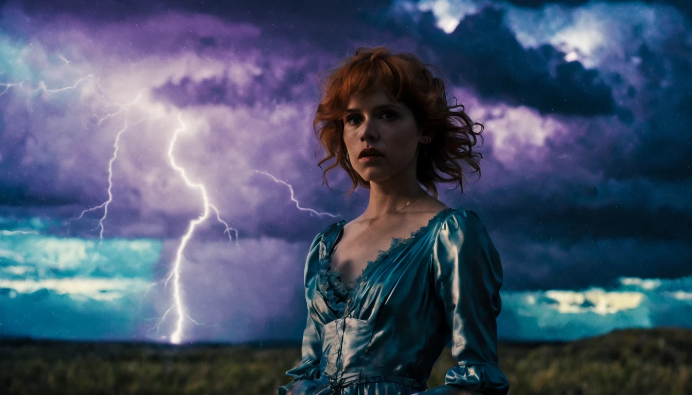 1 girl "Molly Ringwald com vestido azul longo",(Jogo King Card:1.5, simetria rotacional),Stephen Gammell,(cowboy shot), Minimalist compositions, requintada armadura de cristal,Fio Eletroluminescente, magic sparks, enchanted magical fantasy. Peach Blossom Land, heaven, Jogo CG, Hand Painted Style, 8k, Ultra HD | |, arte digital conceitual, Azure azul e cinza,(Very detailed, A huge amount of purple lightning shot out from the girl'the hand and hit the city, lightning clouds, Atmospheric lightning, Pink Lightning, with thunderstorms, Tempestade escura with lightning bolts, Dramatic purple lightning, raios no heaven, contrast lightning, trovoada no heaven, lightning in the background, with lightning bolts, Reasonable design, linhas claras, Alta nitidez, melhor qualidade, master part, 4k ).