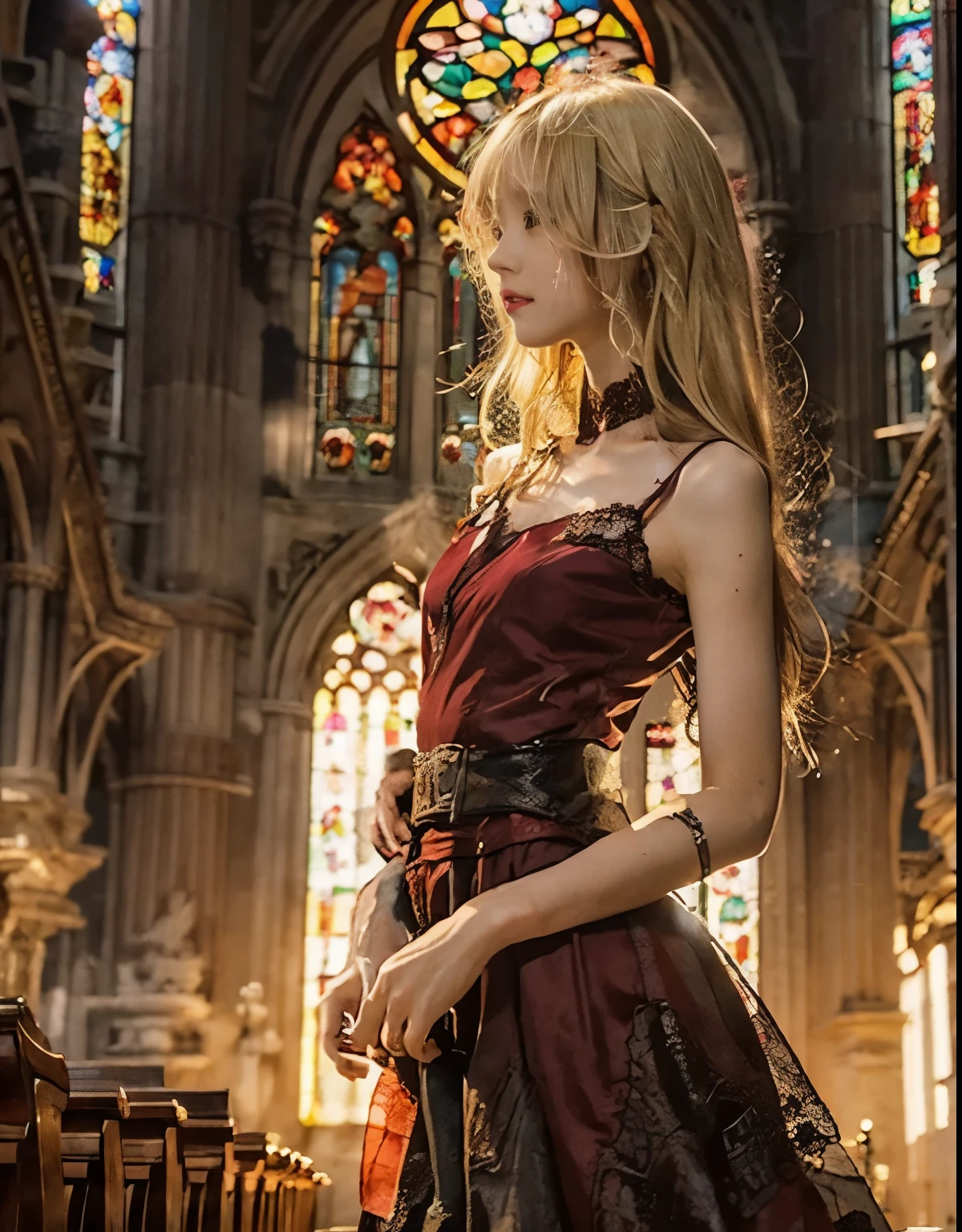 (top-quality), Realistic, (real picture, Intricate details, depth of fields), highly detailed, Detailed skin, (((gorgeous dark red dress:1.2, long, sleeveless, Lace))), (((Small chest:1.4))), (neat face, Parted lips, Looking forward, akina-nakamori), (Japanese college girl standing in a big church, open stance), (Long blonde hair:1.2, One-length hairstyles), fair skin, stain glass, light shining from the ceiling, back lighting, low angle shot:1.2, full body shot