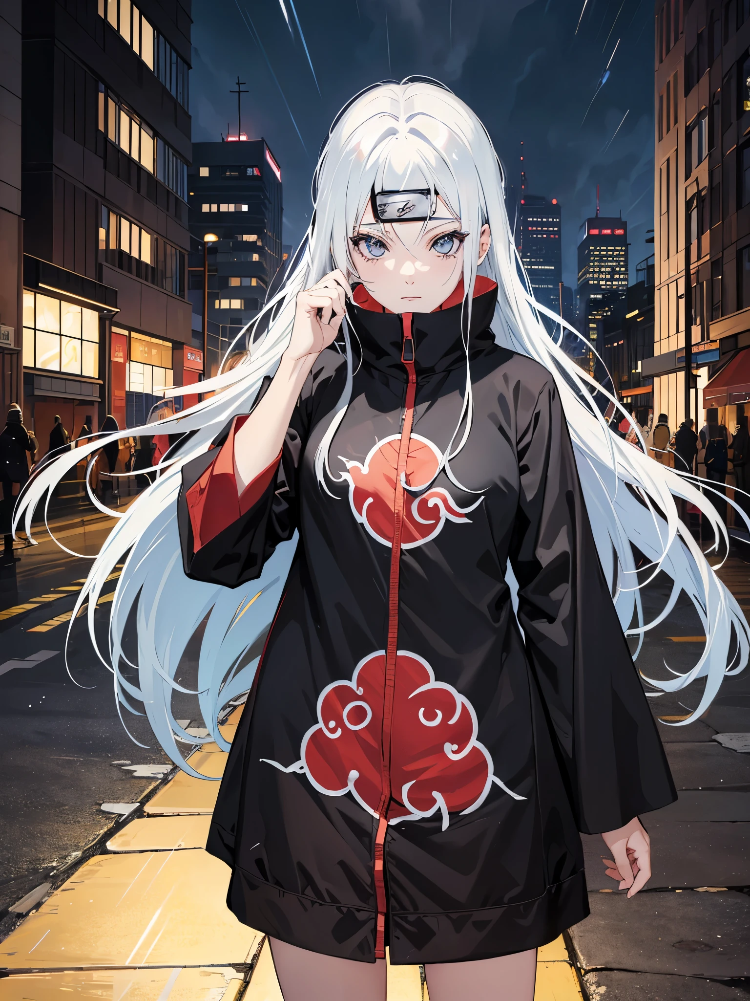 Konan (/naruto)/, 1girl, sozinho, seios medios, amarelo olho, corpo inteiro, olhando de lado, maquiagem, zipper, chuva, chovendo, folhas de papel em branco, nariz, open cloos, papel jutsu, Equipamento da Akatsuki, Piercing labret, cabelos azul, (((city of stained skyscrapers, nublado, muita chuva e escuro)))