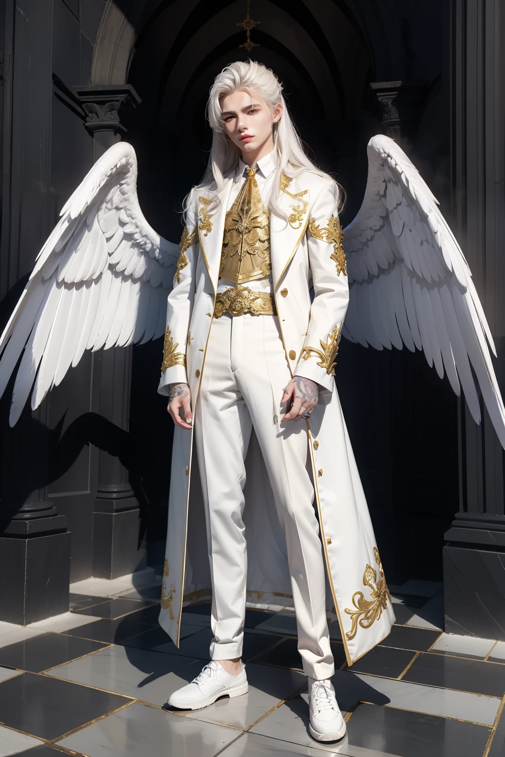A girl with white hair, vestida con un traje Formal, and winged his white-haired brother, shape dress, Formal, They both carry a gun ((anime))