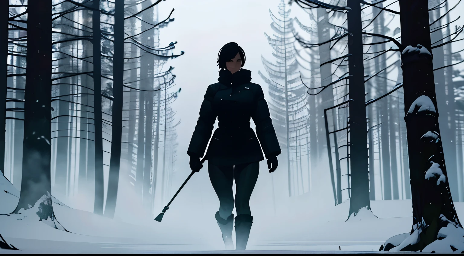 a dark silhouette of a muscular woman with short hair with a snowy forest behind, Snowstorm, Foggy