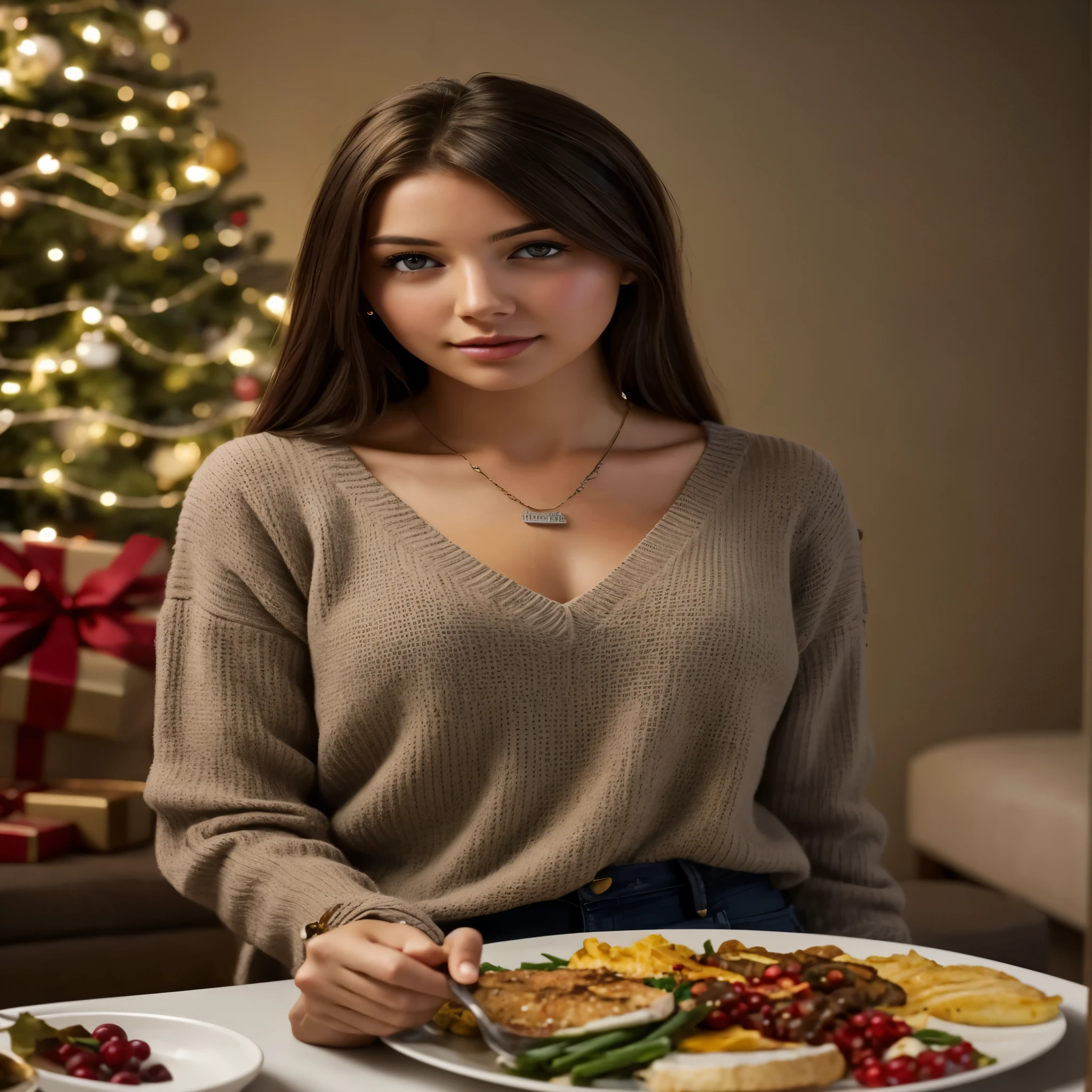 hyper realistic, girl in age21, Long ash brown hair, medium tits, Looking at Viewer, Brown eyes, jewely, a necklace, Sweaters, Realistic, sexy, eating dinner, Christmas, very detailed photography, eating dinner, wine glass