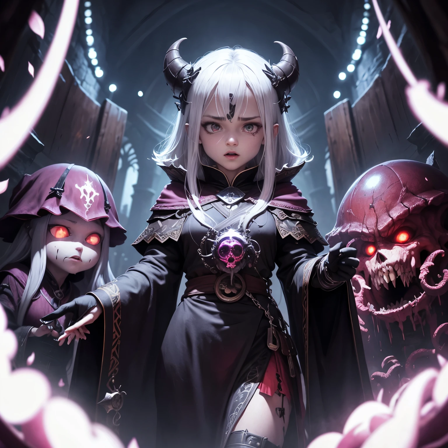 Uma criatura, entidade, caos nuclear, Azathoth. Deusa Cega, Vendas ensanguentadas cobrindo seus olhos, cabelos brancos, boca coberta por correntes, white kimono with blood petals, demonio, bestial skull, correntes ensanguentadas, preso, ossos Behemoth, manic eye aberration, membros suturados, tentacles, ossos, dentes, presas afiadas, acorrentado, expression of insanity, loucura, dungeon dungeon environment, 8k, qualidade ultra HD.