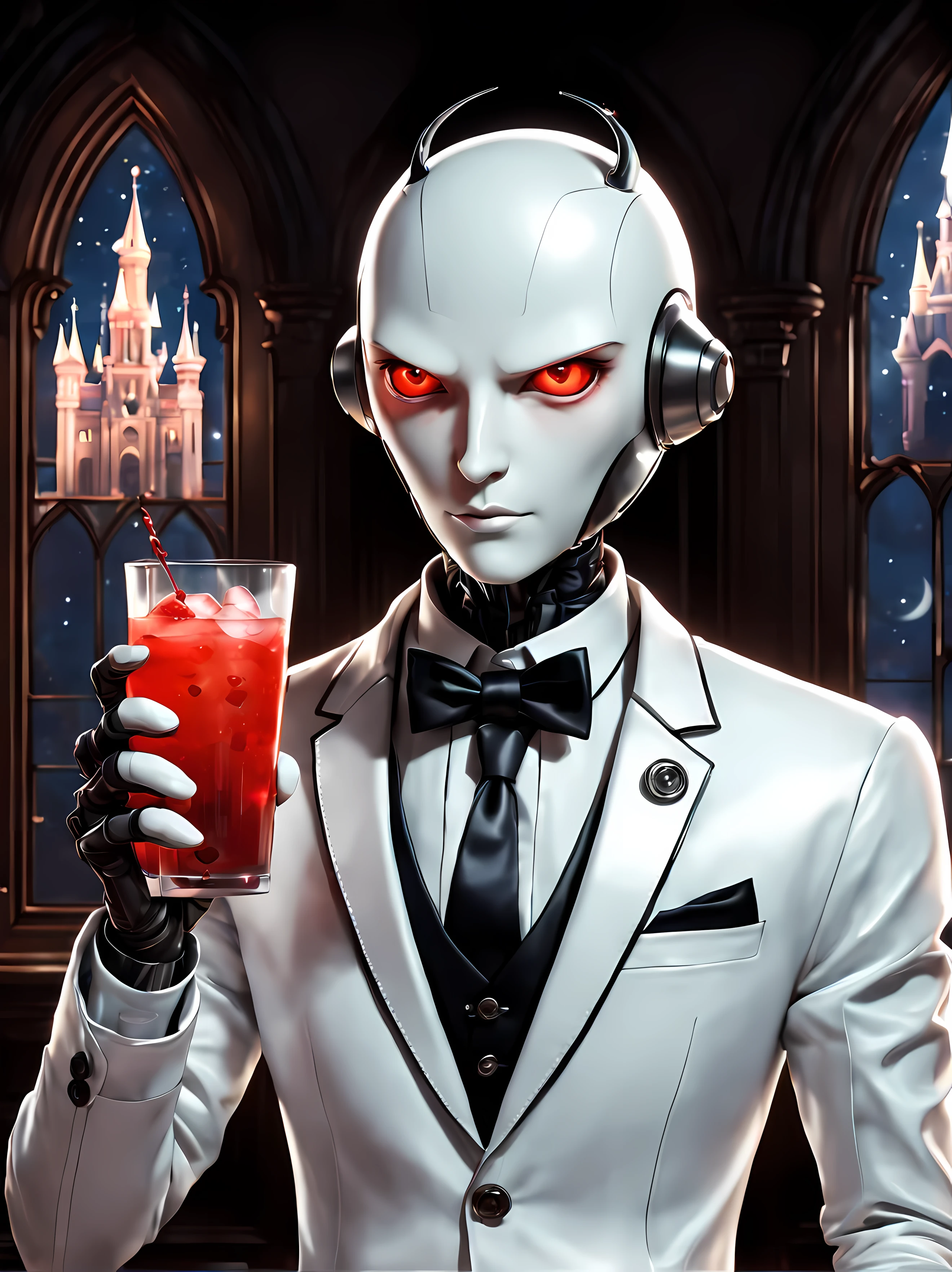 Cute Cartoon, CuteCartoonAF. | Masterpiece in maximum 16K resolution. | (Cute cartoon style). | A tall futuristic (android butler) with sleek metallic features, standing and ((looking confidently at the viewer)). | ((Holding exquisite rich drinks)), cookies. | Dressed in a formal white suit with shirt and a bowtie. | (Gothic majestic castle room as a backdrop, moonlight coming through the intricate windows), illuminating the room and adding a touch of mystery. | Glowing red eyes. | ((Mechanical hands)). | More_Detail