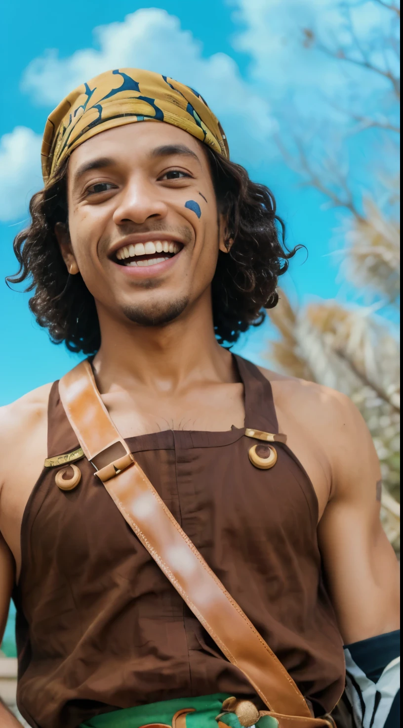 (masterpiece), (realistic), (ultra detailed), ( high reest quality), (photorealistic), (perfect face), 8k, Man, male, person with a bandana on, a photo, usopp from one piece, inspired by Eiichiro Oda, one piece, usop from one picece style, one piece style, ((curly frizzy hair)), wearing a brown bandana, usopp from one piece uniform, wearing a brown jumpsuit, come from africa, bkack skin, laughing character opens his mouth wide, the character laughs showing his teeth, ((behind the character there is a blue sky and a tree)), detailed face, detailed hair, detailed body, detailed eyes, detailed mouth, detailed nose, detailed ears, detailed charcter