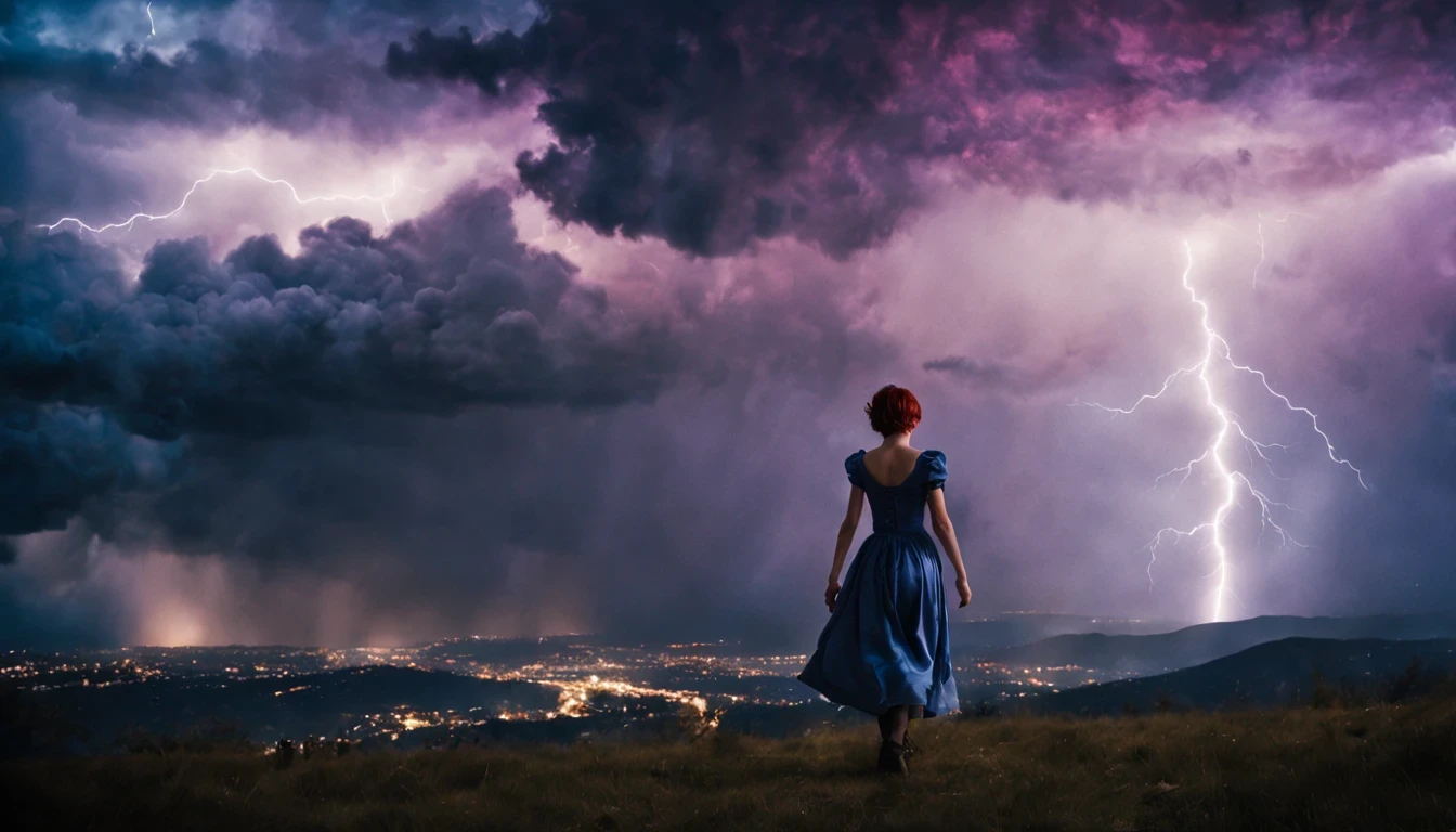 1 girl "Molly Ringwald com vestido azul longo",(Jogo King Card:1.5, simetria rotacional),Stephen Gammell,(cowboy shot), Minimalist compositions, requintada armadura de cristal,Fio Eletroluminescente, magic sparks, enchanted magical fantasy. Peach Blossom Land, heaven, Jogo CG, Hand Painted Style, 8k, Ultra HD | |, arte digital conceitual, Azure azul e cinza,(Very detailed, A huge amount of purple lightning shot out from the girl'the hand and hit the city, lightning clouds, Atmospheric lightning, Pink Lightning, with thunderstorms, Tempestade escura with lightning bolts, Dramatic purple lightning, raios no heaven, contrast lightning, trovoada no heaven, lightning in the background, with lightning bolts, Reasonable design, linhas claras, Alta nitidez, melhor qualidade, master part, 4k ).