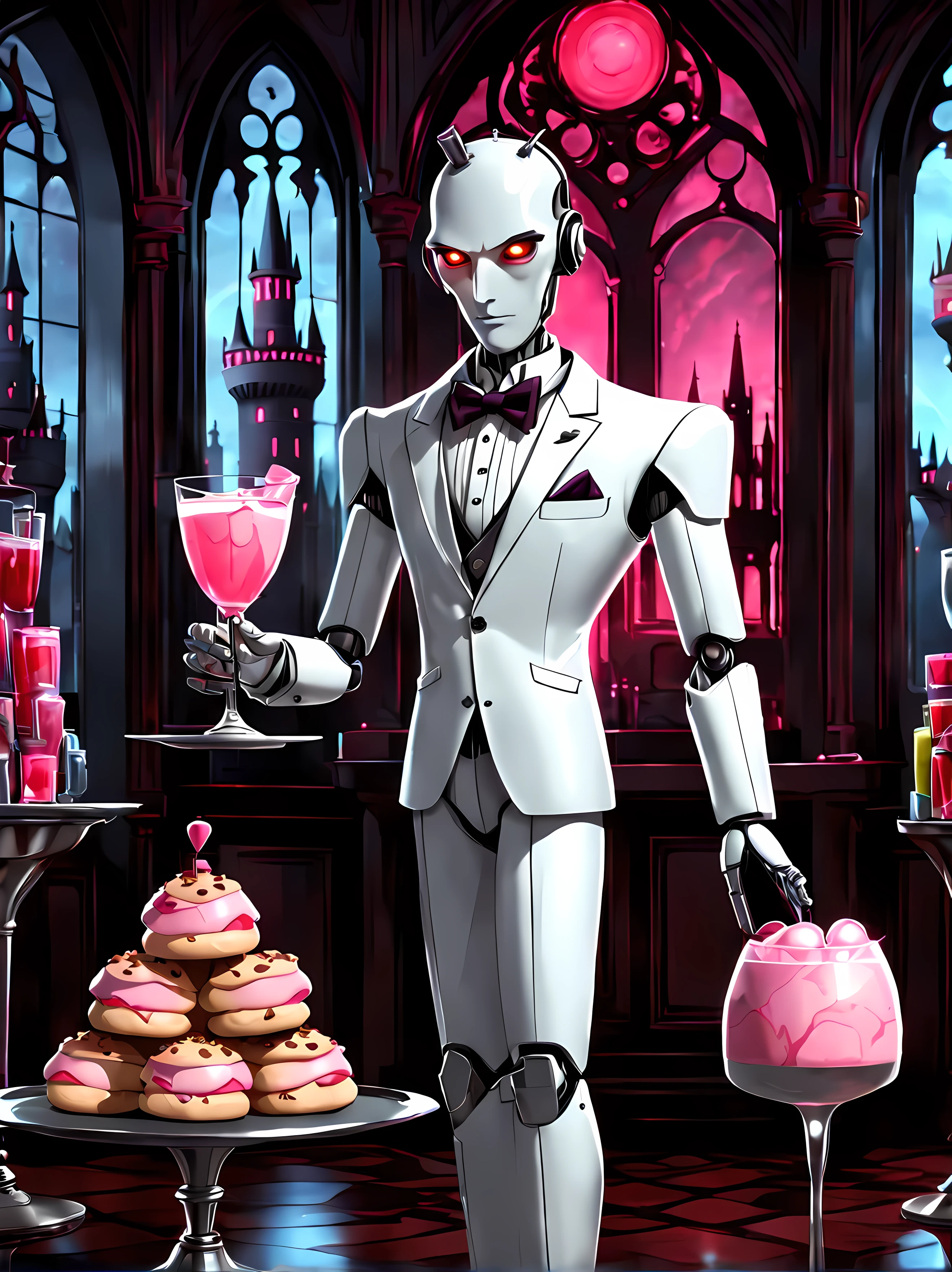 Cute Cartoon, CuteCartoonAF. | Masterpiece in maximum 16K resolution. | (Cute cartoon style). | A tall futuristic ((android)) butler with sleek metallic features, standing and ((looking confidently at the viewer)). | ((With a tray of exquisite rich drinks)), cookies. | Dressed in a formal white suit with pink shirt and a bowtie. | (Gothic majestic castle room as a backdrop, moonlight coming through the intricate windows), illuminating the room and adding a touch of mystery. | Glowing red eyes. | (Mechanical hands). | More_Detail