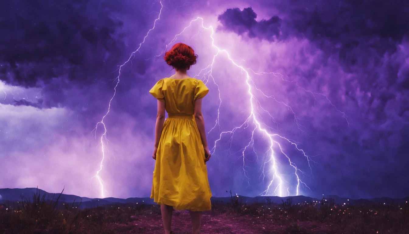 1 girl "Molly Ringwald com vestido Amarelo longo",（Jogo King Card:1.5, simetria rotacional),Stephen Gammell,(cowboy shot), Minimalist compositions, requintada armadura de cristal，Fio Eletroluminescente, magic sparks, enchanted magical fantasy. Peach Blossom Land, heaven, Jogo CG, Hand Painted Style, 8k, Ultra HD | |, arte digital conceitual, Azure azul e cinza,(Very detailed, A huge amount of purple lightning shot out from the girl&#39;the hand and hit the city, lightning clouds, Atmospheric lightning, Pink Lightning, with thunderstorms, Tempestade escura with lightning bolts, Dramatic purple lightning, raios no heaven, contrast lightning, trovoada no heaven, lightning in the background, with lightning bolts, Reasonable design, linhas claras, Alta nitidez, melhor qualidade, master part, 4k ).