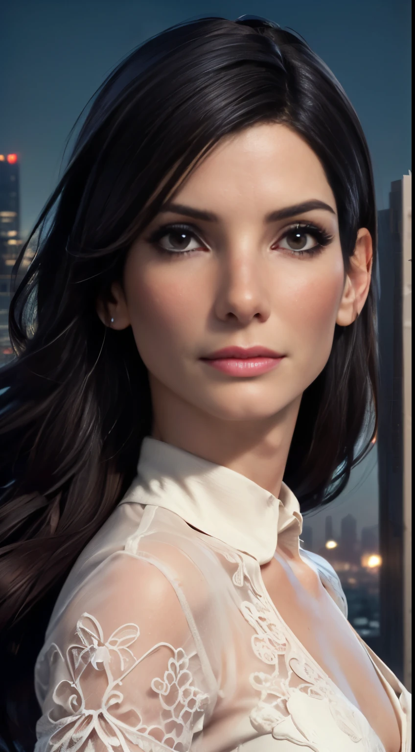 photo of Sandra Bullock, RAW, beautiful woman, ((portrait)), ((detailed face:1.2)), ((detailed facial feature, detailed skin, clear skin), (perfect proportioned body), arched back, (wearing a colorful dress) (high detailed city environment, apartment balcony), (realistic photo, best quality, detailed), (8k wallpaper), (cinematic lighting, dramatic lighting) (sharp focus, intricate)