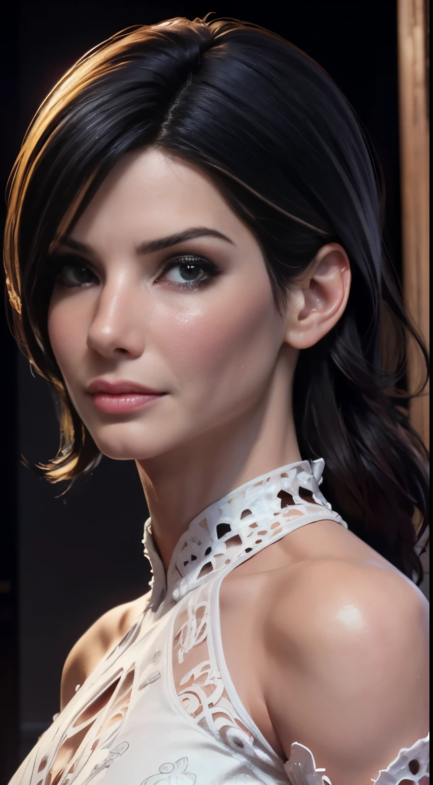 photo of Sandra Bullock, RAW, beautiful woman, ((portrait)), ((detailed face:1.2)), ((detailed facial feature, detailed skin, clear skin), (perfect proportioned body), arched back, (wearing a colorful dress) (high detailed city environment, apartment balcony), (realistic photo, best quality, detailed), (8k wallpaper), (cinematic lighting, dramatic lighting) (sharp focus, intricate)