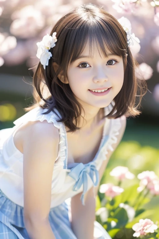 (((​masterpiece))), (((Full body photo)))， (One beautiful Japan girl, Innocence，kawaii) ，超A high resolution, Realistic, ultra-detailliert, 8K,top-quality, Extremely detailed,,A slender,very beautiful japanese girl, (Detailed face:1.3), (Bery short hair，Cute Hair Ornament，A dark-haired :1.4), (a ，kawaii系,adorable 10 year oPerfect body:1.1), (white frills，Light blue dress，White fluffy skirt), innocent smiles，Please show me your beautiful teeth，sexy  pose，rosy cheeks，Super Detailed Face、Detailed lips、A detailed eye、small gravure idol，Transparent skin、Lori，Photorealistic:1.37，no-makeup，In the soft spring sunshine、appearance々Surrounded by flowers