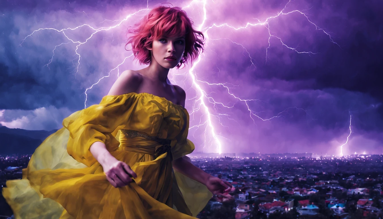 1 girl "Molly Ringwald com vestido Amarelo longo",(Jogo King Card:1.5, simetria rotacional),Stephen Gammell,(cowboy shot), Minimalist compositions, requintada armadura de cristal,Fio Eletroluminescente, magic sparks, enchanted magical fantasy. Peach Blossom Land, heaven, Jogo CG, Hand Painted Style, 8k, Ultra HD | |, arte digital conceitual, Azure azul e cinza,(Very detailed, A huge amount of purple lightning shot out from the girl'the hand and hit the city, lightning clouds, Atmospheric lightning, Pink Lightning, with thunderstorms, Tempestade escura with lightning bolts, Dramatic purple lightning, raios no heaven, contrast lightning, trovoada no heaven, lightning in the background, with lightning bolts, Reasonable design, linhas claras, Alta nitidez, melhor qualidade, master part, 4k ).