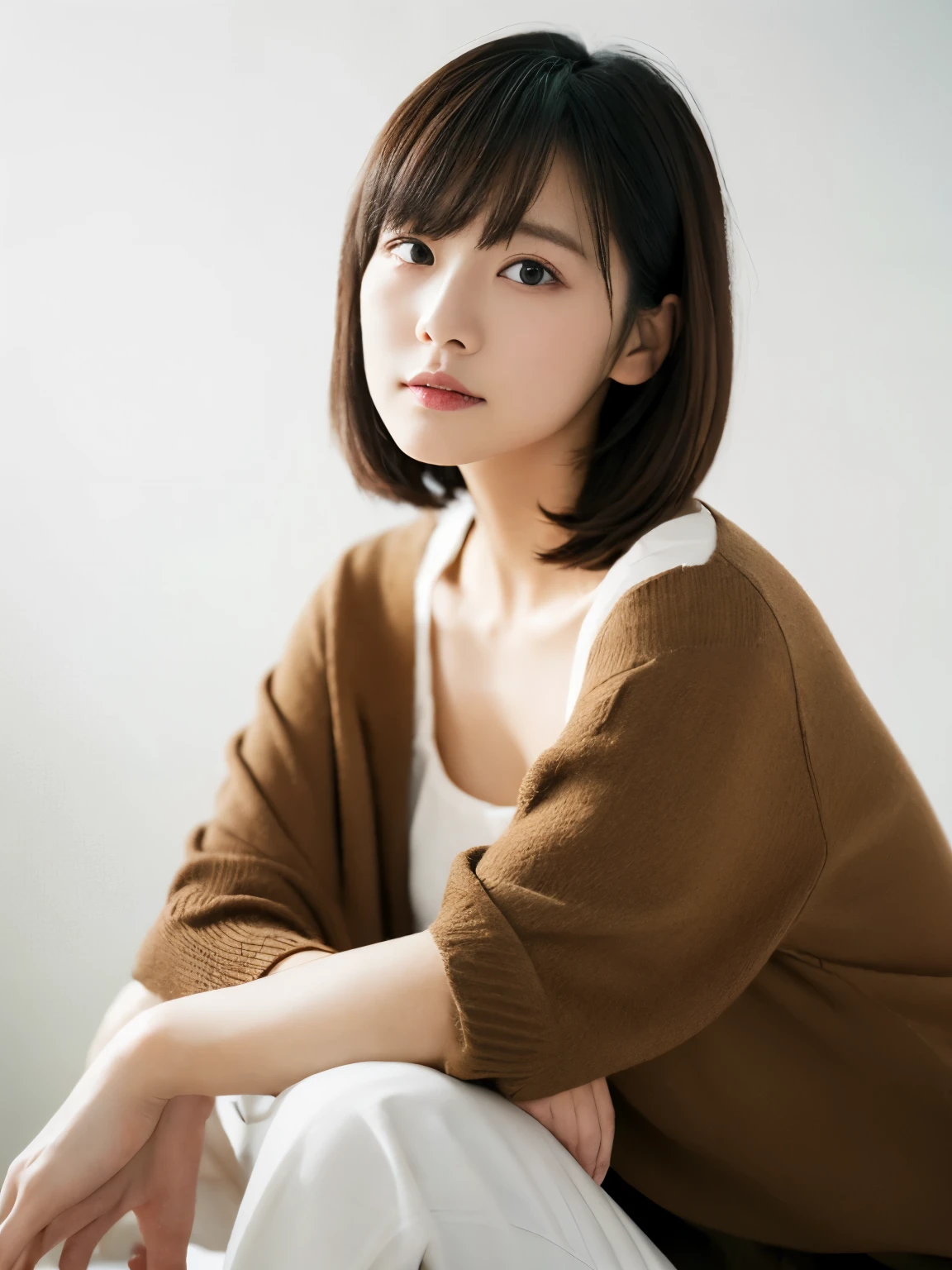 ((masutepiece,top-quality)), (photographrealistic:1.4),((masutepiece,8K)),hight resolution,Studio Soft Light, Rim Lights, vibrant detail, realistic skin textures,Japanese, 1 beautiful woman, Short hair, Wave hair, faint thin bangs, make - up, 38 years, Detailed skin, cardigan, wide-leg pants, White background, White Room,white walls, fully body photo, Looking at Viewer