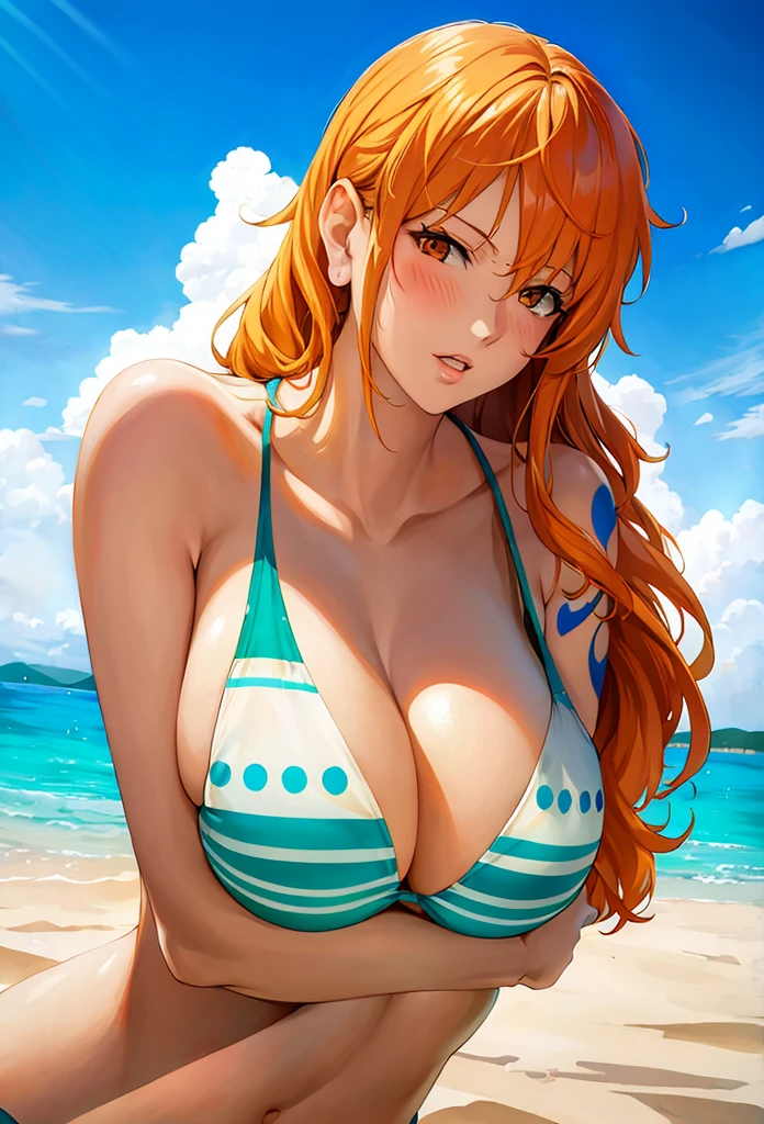 Chica anime en bikini sentada en la playa con una sombrilla azul y blanca., beautiful portrait of Nos, Nos Una sola pieza, Nos from Una sola pieza, Nos, por Kentaro Miura, seductora chica de anime, Bikini realista, detailed Arte de anime digital, Una sola pieza, from Una sola pieza, OPPAI, Arte de anime digital, Asuka, Arte de anime digital!!