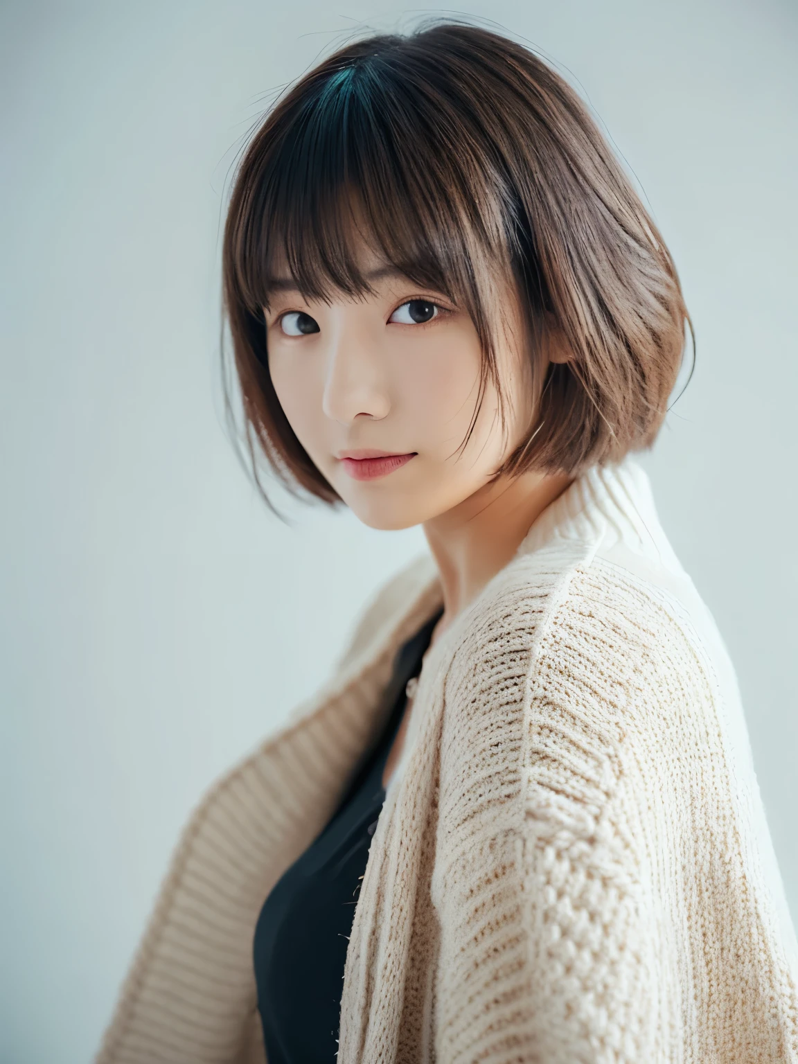 ((masutepiece,top-quality)), (photographrealistic:1.4),((masutepiece,8K)),hight resolution,Studio Soft Light, Rim Lights, vibrant detail, realistic skin textures,Japanese, 1 beautiful woman, Short hair, Wave hair, faint thin bangs, make - up, 38 years, Detailed skin, cardigan, wide-leg pants, White background, White Room,white walls, fully body photo, Looking at Viewer