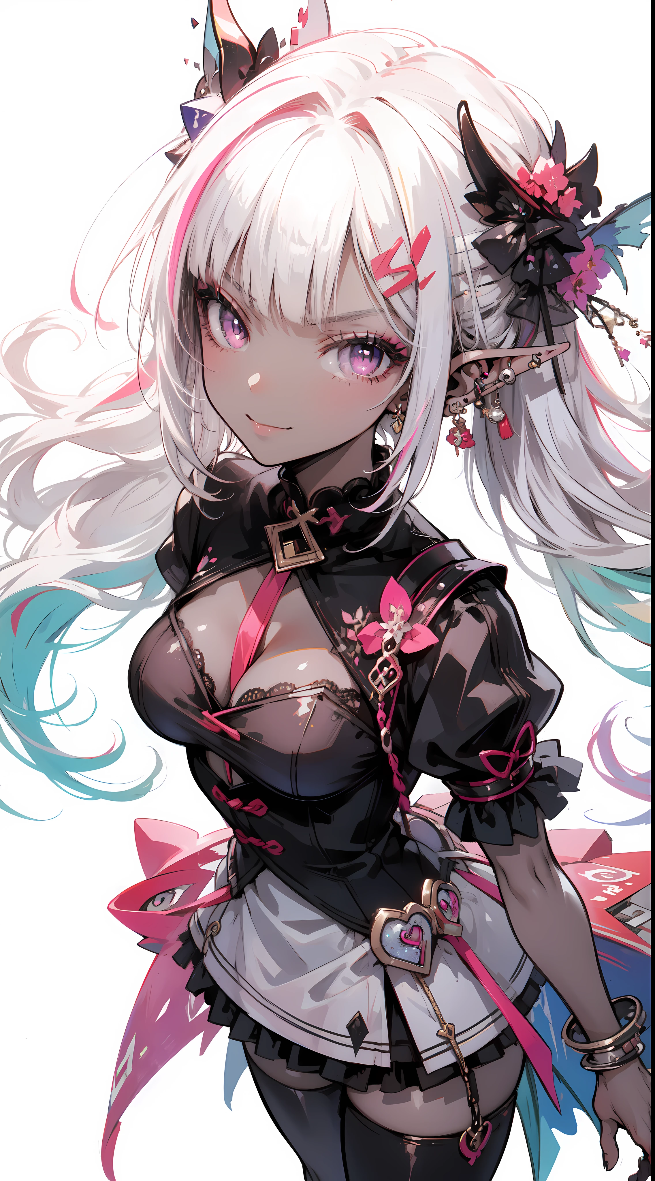 (masterpiece, top quality, best quality, official art, beautiful and aesthetic:1.2), ((dark elf)), ((1girl)), extreme detailed, (fractal art:1.3), colorful, highest detailed, Cowboy shot, from above, in the style art by Artgerm, by wadim kashin, by Kawacy, by Yoshitaka Amano, BREAK, insanely detailed face, details eye, Blunt bangs, white hair, (hair between eye), eyelashes, violet eyes, eyeshadow, pink eyeshadow, (dark skin:1.2), glaring, smile, BREAK, corsages, jirai kei, (jirai kei fashion:1.1), Frills, Skirts, Various accessories, (ear piercing), punky style, Japanese subculture, fashion, Stockings, colorful, (Dark circles:1.2),