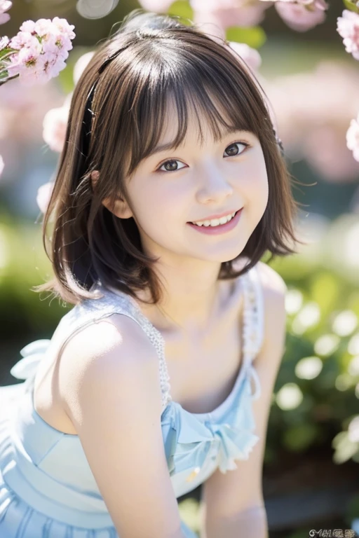 (((​masterpiece))), (((Full body photo)))， (One beautiful Japan girl, Innocence，kawaii) ，超A high resolution, Realistic, ultra-detailliert, 8K,top-quality, Extremely detailed,,A slender,very beautiful japanese girl, (Detailed face:1.3), (Bery short hair，Cute Hair Ornament，A dark-haired :1.4), (a ，kawaii系,adorable 10 year oPerfect body:1.1), (white frills，Light blue dress，White fluffy skirt), innocent smiles，Please show me your beautiful teeth，sexy  pose，rosy cheeks，Super Detailed Face、Detailed lips、A detailed eye、small gravure idol，Transparent skin、Lori，Photorealistic:1.37，no-makeup，In the soft spring sunshine、appearance々Surrounded by flowers